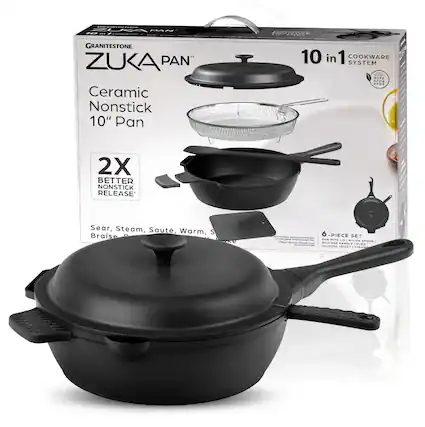 GRANITESTONE
ZUKA PAN™
Ceramic Nonstick 10" Pan
10 in 1 COOKWARE SYSTEM
2X BETTER NONSTICK RELEASE*
Sear, Steam, Sauté, Warm, Braise
6-PIECE SET
- Silicone Handle Cover
- Silicone Trivet
*PFOA & PFOS Free
SILICONE TRIVET STEAD