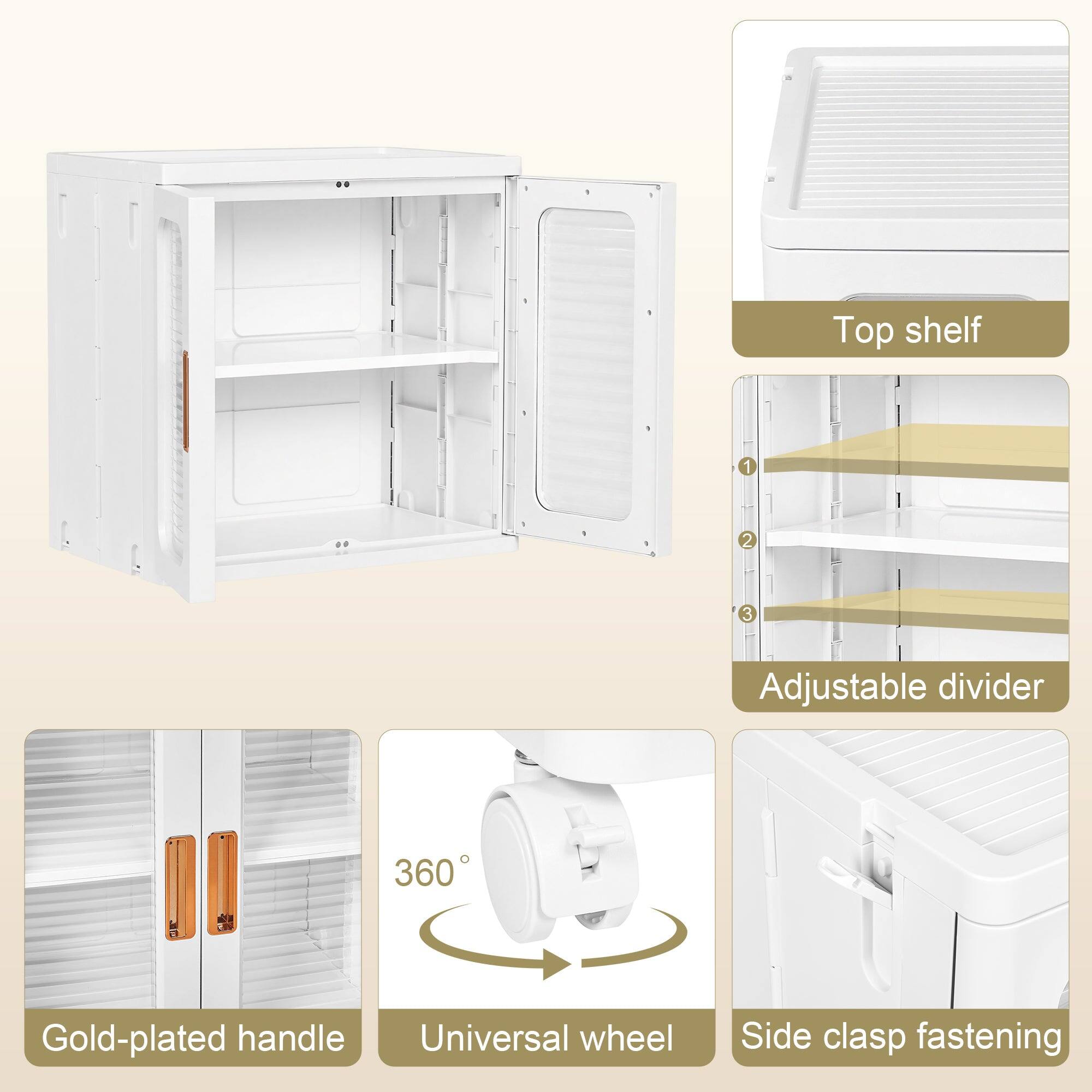 Top shelf  
1 2 3  
Adjustable divider  
360° Gold-plated handle  
Universal wheel  
Side clasp fastening