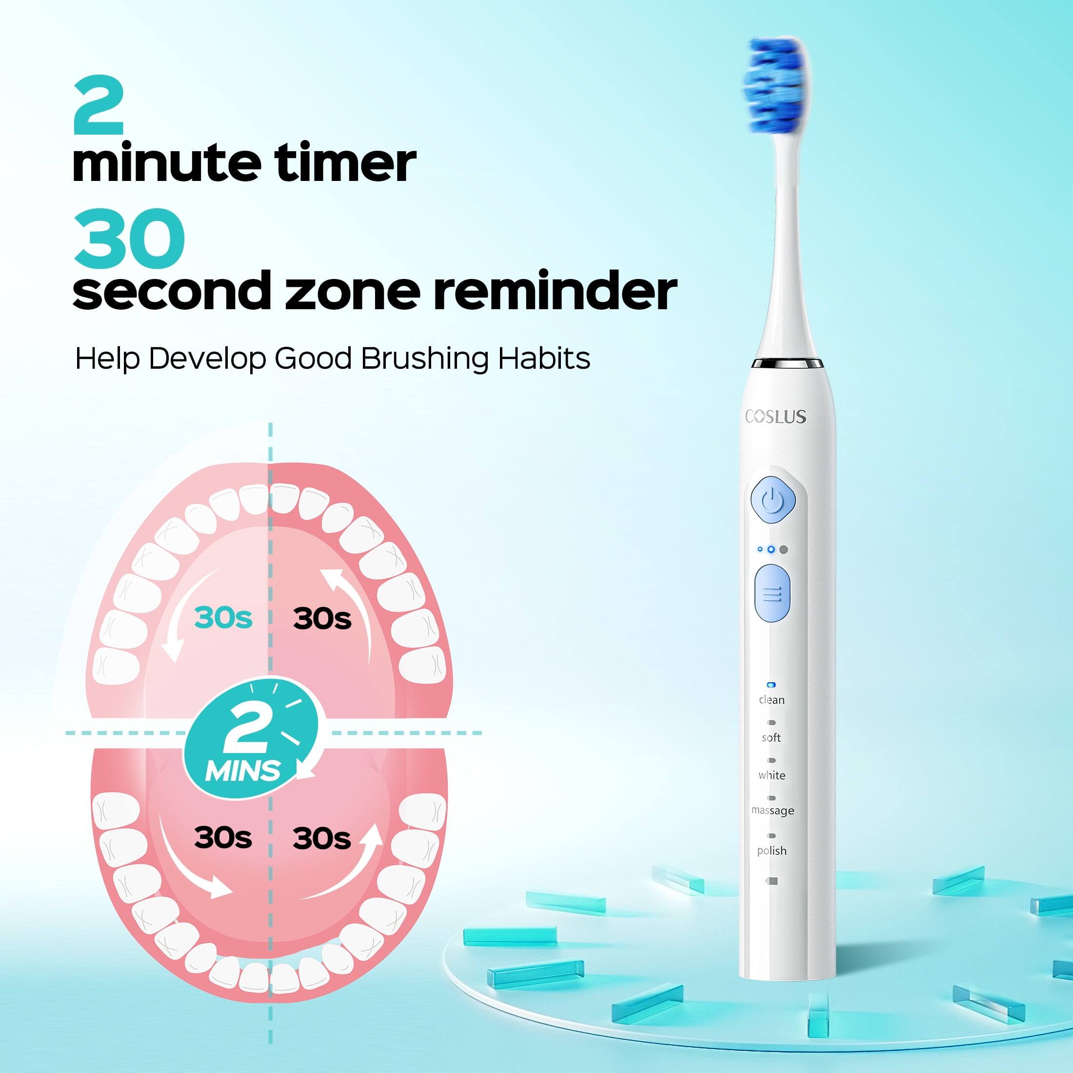 2 minute timer  
30 second zone reminder  
Help Develop Good Brushing Habits  

COSLUS  
30s 30s  
2 MINS  
30s 30s  

clean  
soft  
white  
massage  
polish