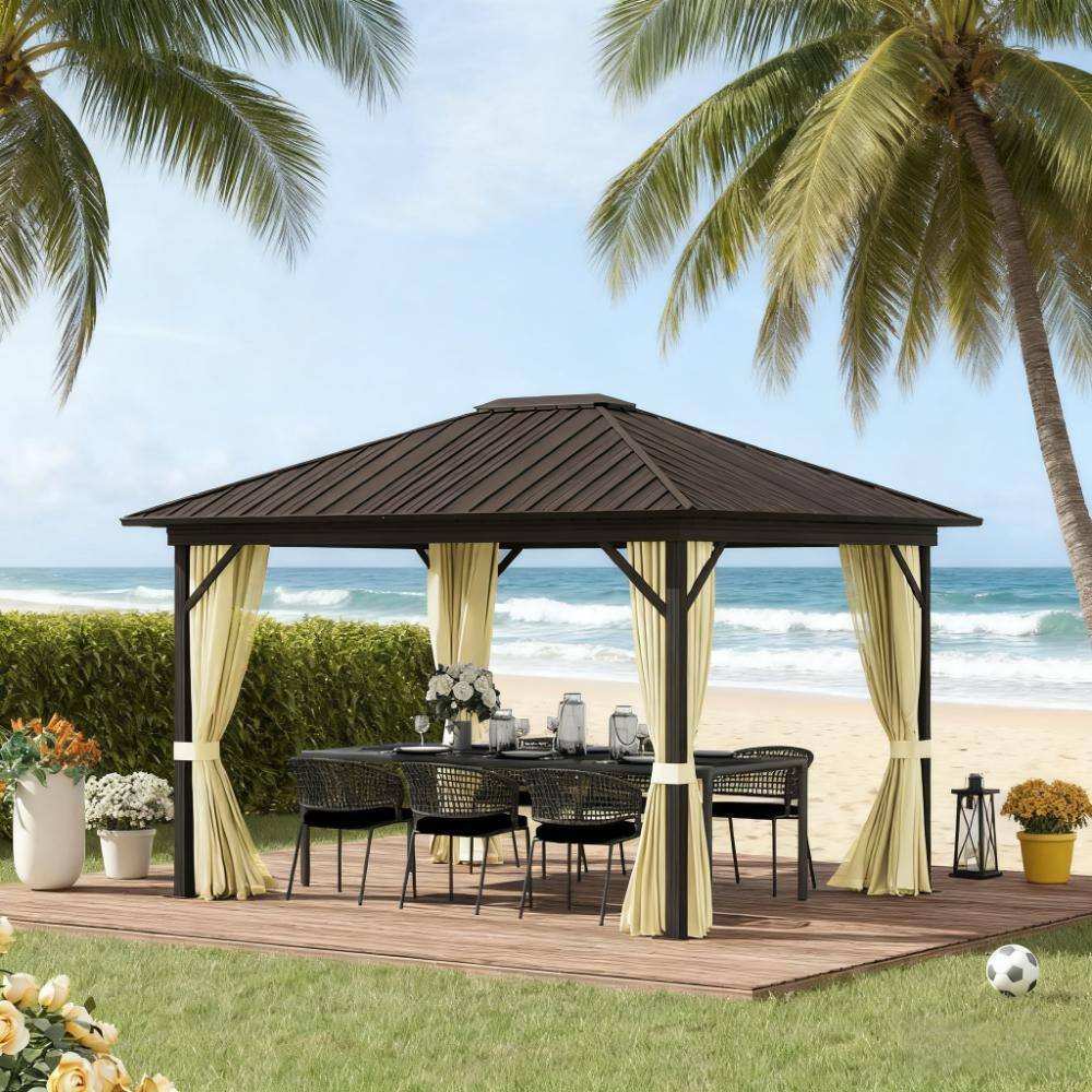 Angle. APRILSOUL - Gazebo with Curtains Netting 11.9 x 9.8IN Metal Roof Gazebo Canopy with Aluminum Frame and Top Hook Cream.