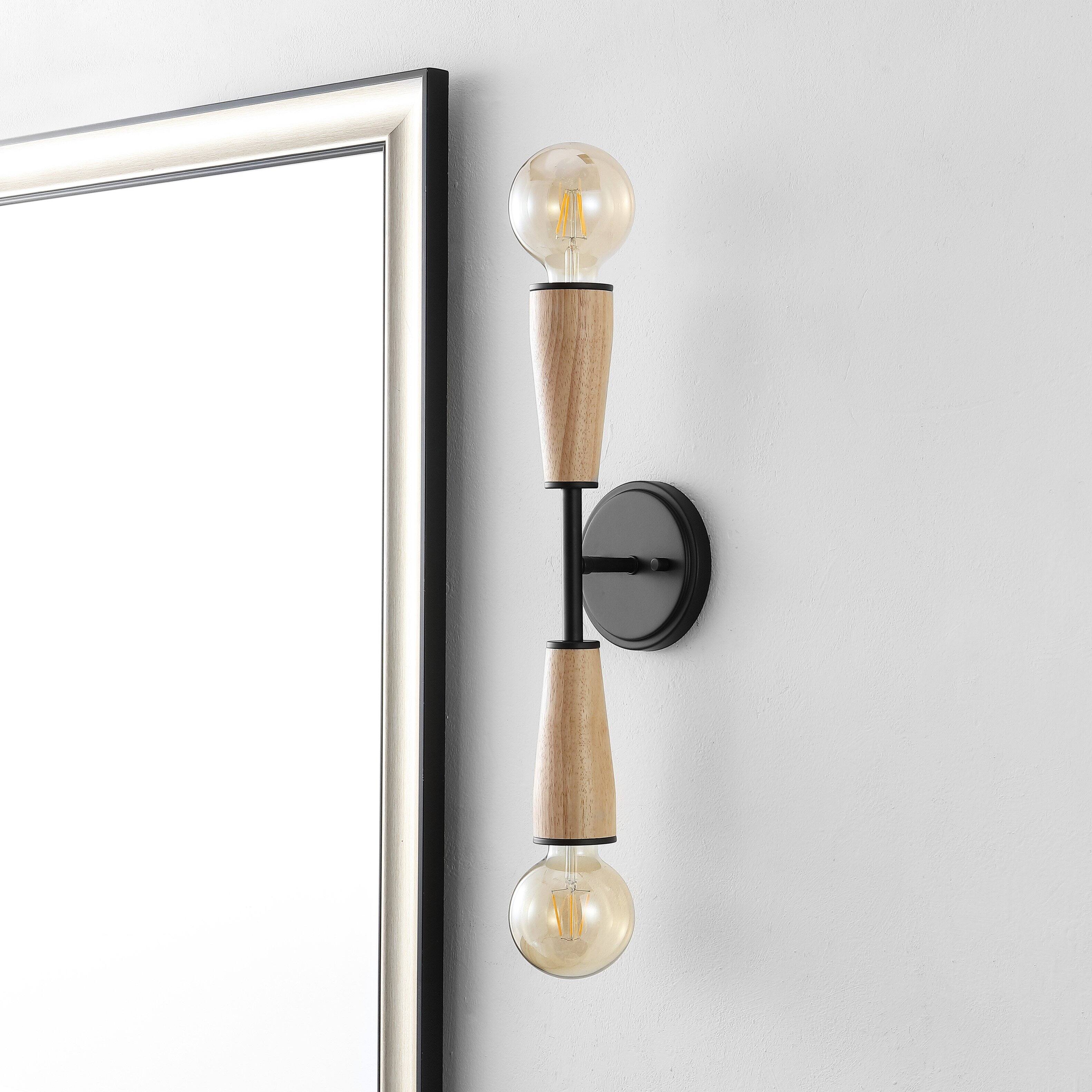 Alt View 7. Jonathan Y - Katia 5.13" 2-Light Modern Designer Iron/Wood Double Sided Hourglass LED Sconce, Light Brown/Black - Light Brown/Black.