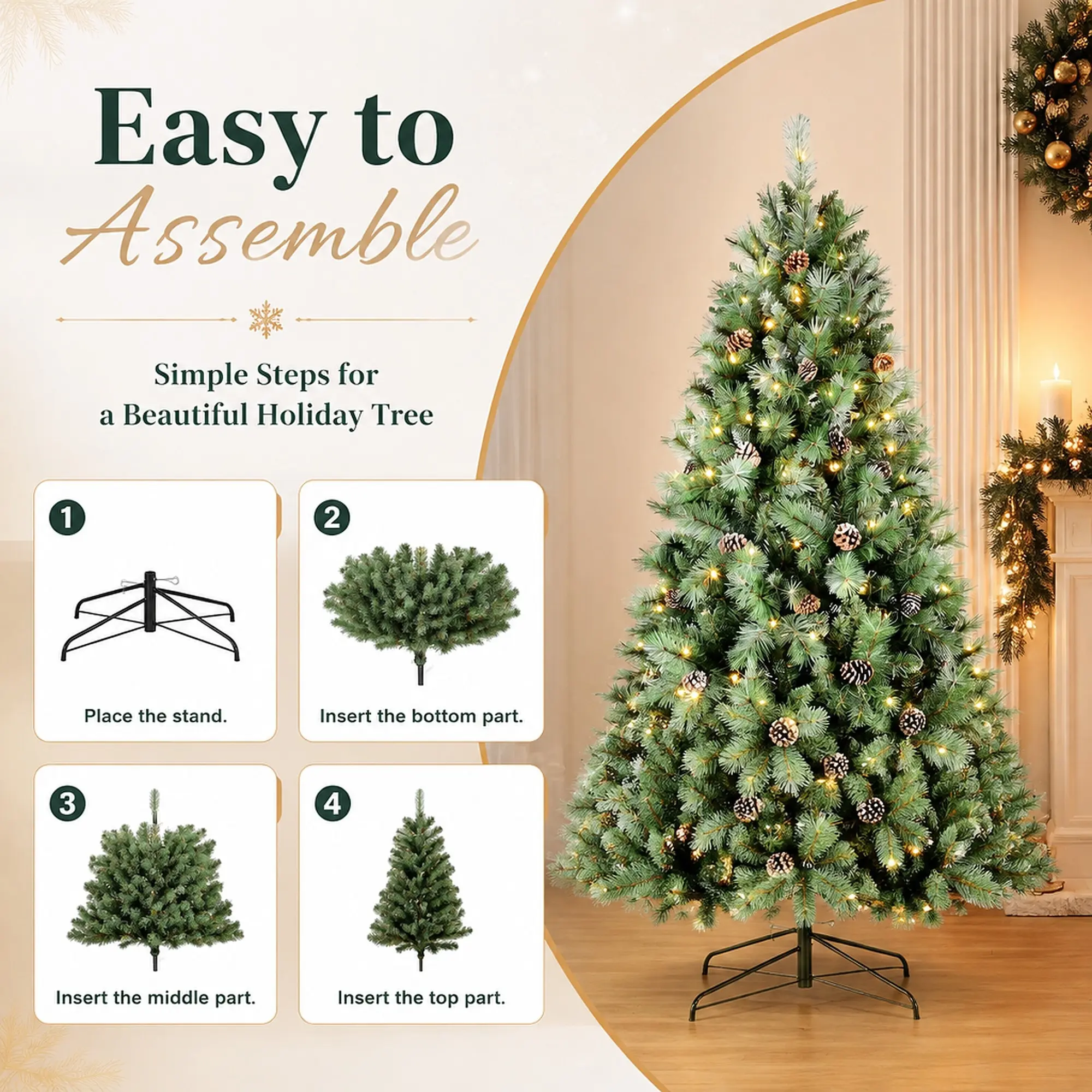 Easy to Assemble  
Simple Steps for a Beautiful Holiday Tree  
1. Place the stand.  
2. Insert the bottom part.  
3. Insert the middle part.  
4. Insert the top part.