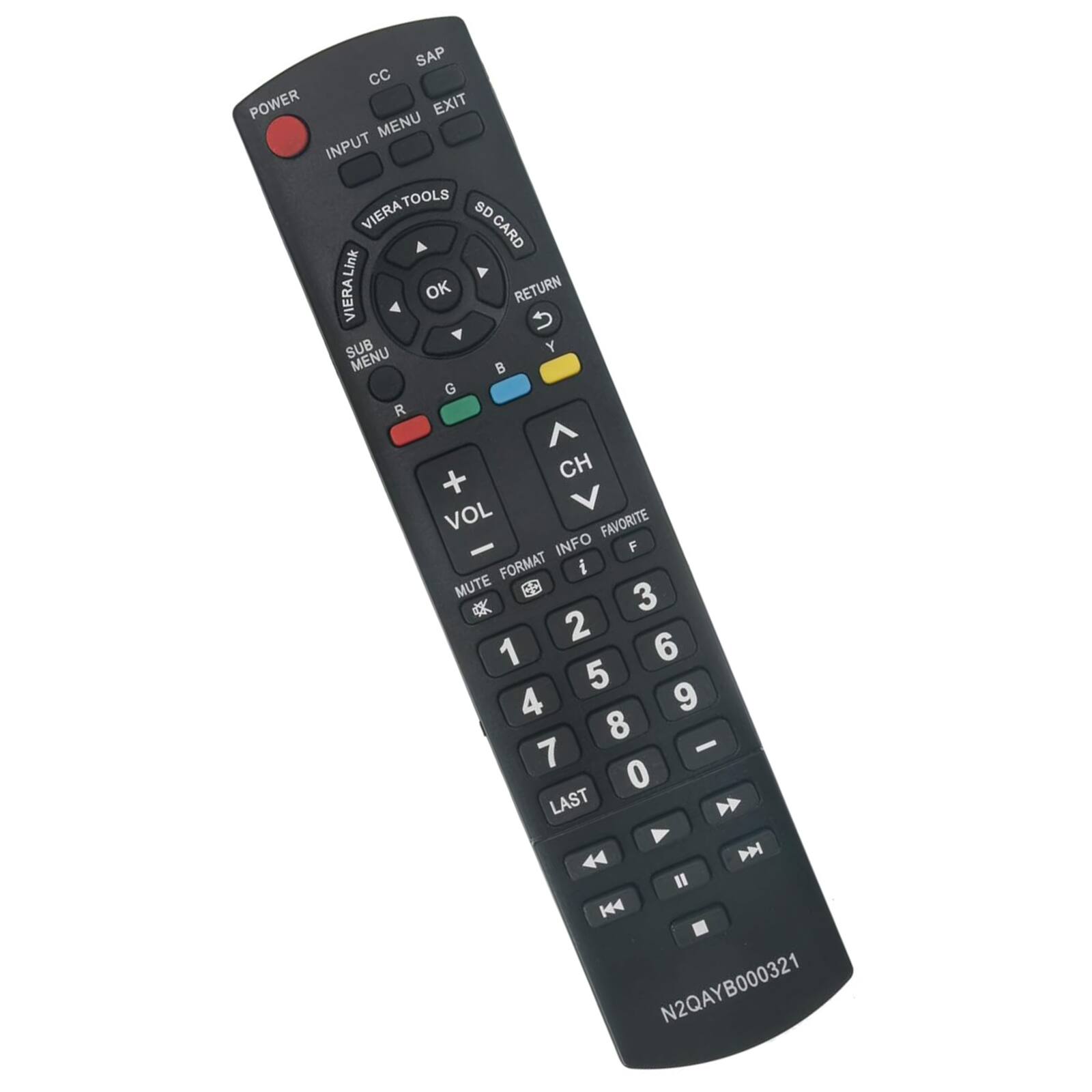 Sure, here is the corrected and grouped text from the image:

- **Top Row:**
  - POWER
  - CC
  - SAP

- **Second Row:**
  - INPUT
  - MENU
  - EXIT

- **Third Row:**
  - VIERA TOOLS
  - SD CARD

- **Fourth Row:**
  - VIERA Link
  - OK
  - RETURN

- **Fifth Row:**
  - SUB MENU
  - B
  - G
  - R

- **Sixth Row:**
  - VOL
  - CH
  - MUTE
  - FORMAT
  - INFO
  - FAVORITE

- **Number Pad:**
  - 1
  - 2
  - 3
  - 4
  - 5
  - 6
  - 7
  - 8
  - 9
  - 0
  - LAST

- **Bottom Row:**
  - N2QAYB000321

- **Additional Symbols:**
  - + (VOL)
  - - (VOL)
  - - (CH)
  - -