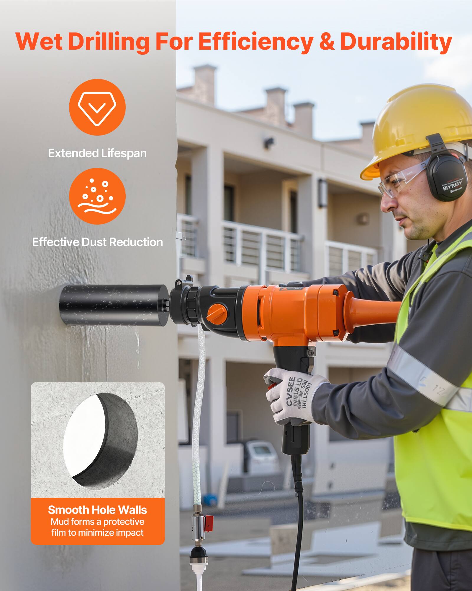 Wet Drilling For Efficiency & Durability

- Extended Lifespan
- Effective Dust Reduction
- Smooth Hole Walls
  Mud forms a protective film to minimize impact