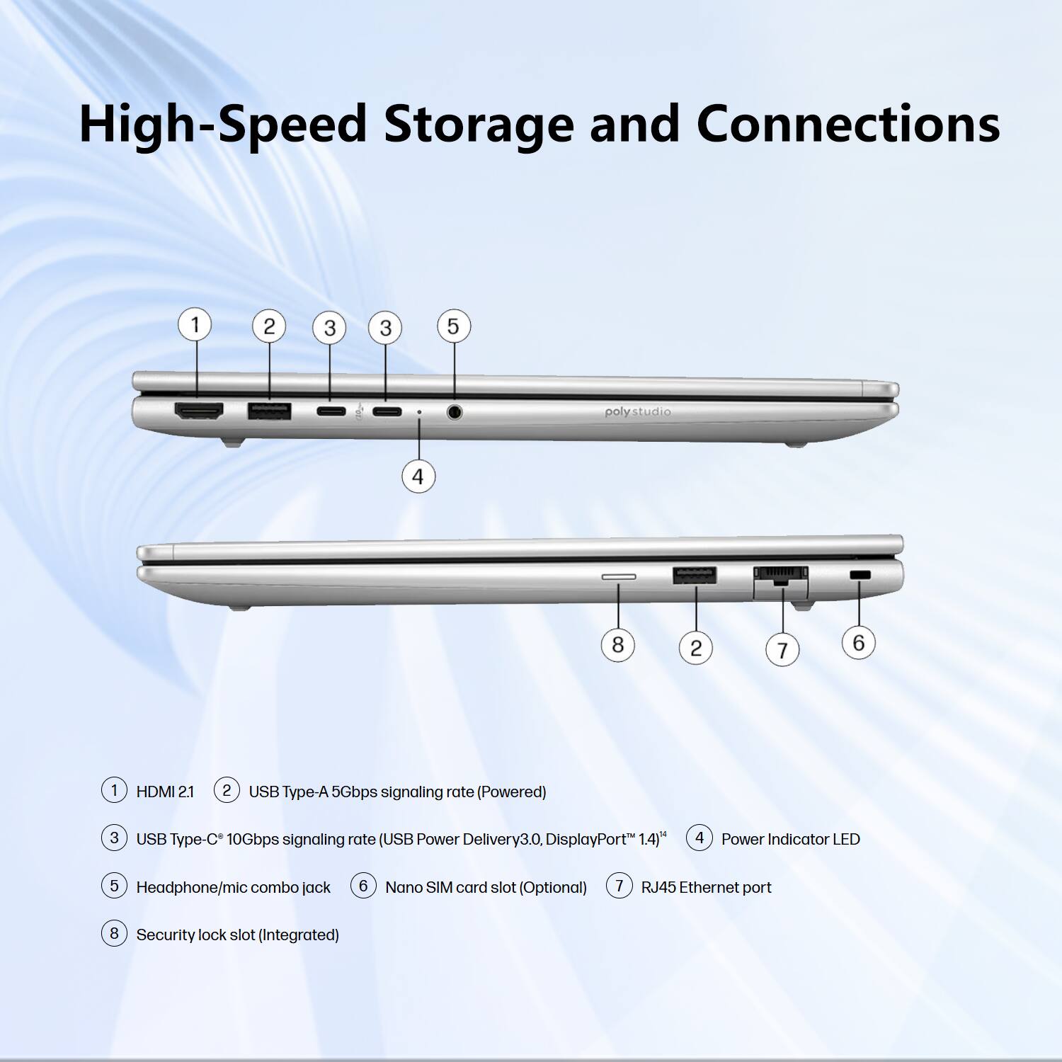 High-Speed Storage and Connections

1. HDMI 2.1
2. USB Type-A 5Gbps signaling rate (Powered)
3. USB Type-C 10Gbps signaling rate (USB Power Delivery 3.0, DisplayPort 1.4)
4. Power Indicator LED
5. Headphone/mic combo jack
6. Nano SIM card slot (Optional)
7. RJ45 Ethernet port
8. Security lock slot (Integrated)