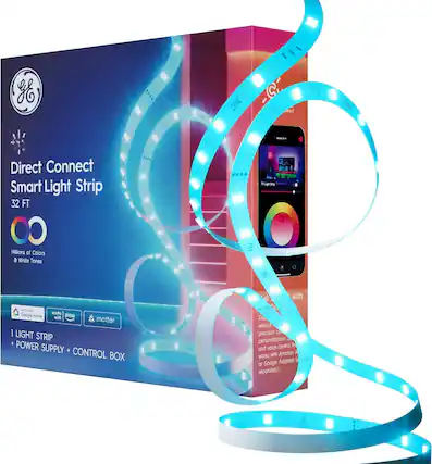 Sure, here is the corrected and grouped text from the image:
---
**Direct Connect Smart Light Strip**
- **32 FT**
- **Millions of Colors & White Tones**
**1 LIGHT STRIP + POWER SUPPLY + CONTROL BOX**
- Works with Google Home
- Works with Alexa
- Works with Matter
**Features:**
- **Easy to set up without precision control**
- **Personalization control**
- **Voice control with Amazon Alexa or Google Assistant (separately)**
---
This text is organized to reflect the product's features and compatibility as shown on the packaging.