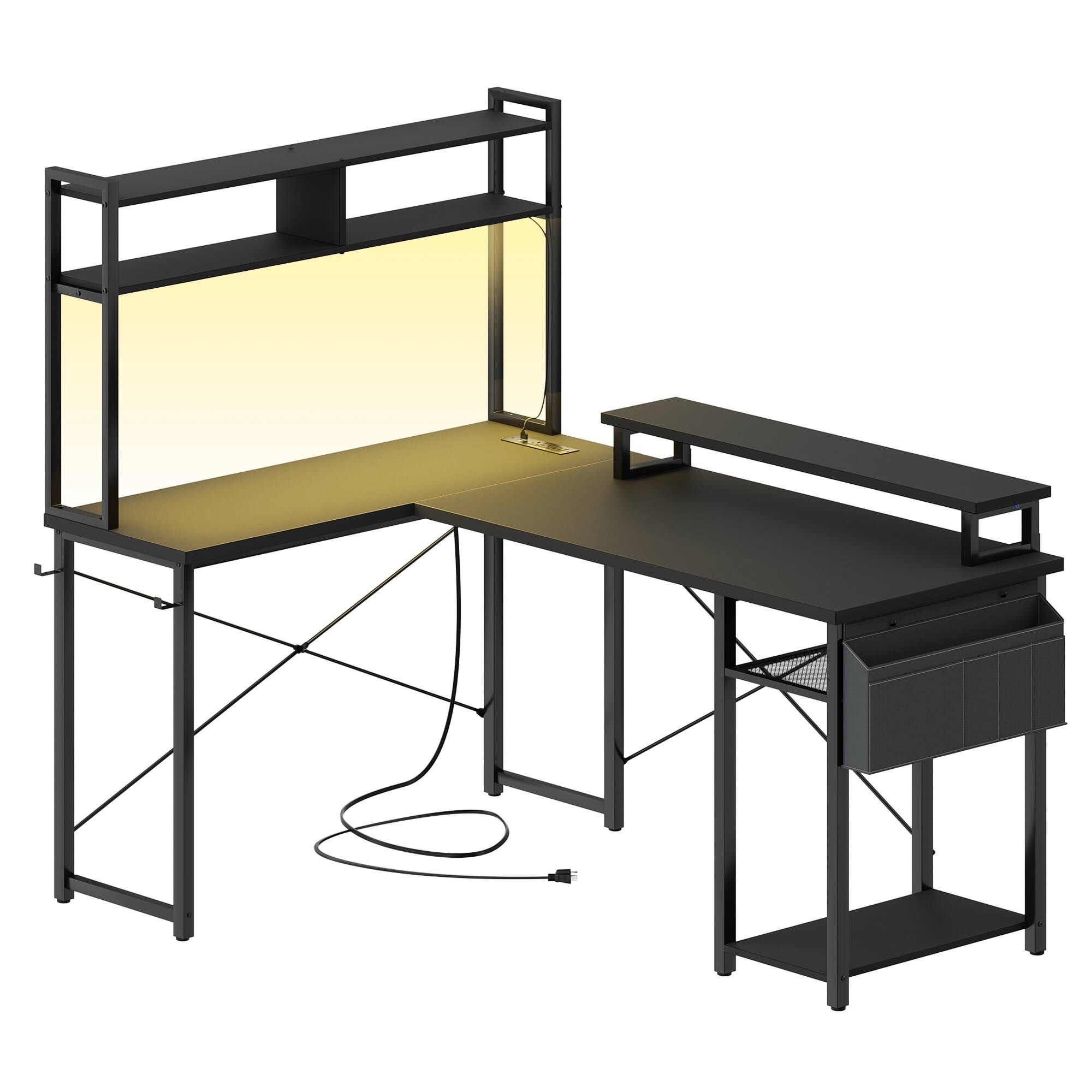 Left. Aheaplus - Small Reversible L-Shaped Gaming Desk: LED Lights, Power Outlets, Monitor Stand & Storage for Home Office Corner - Black.