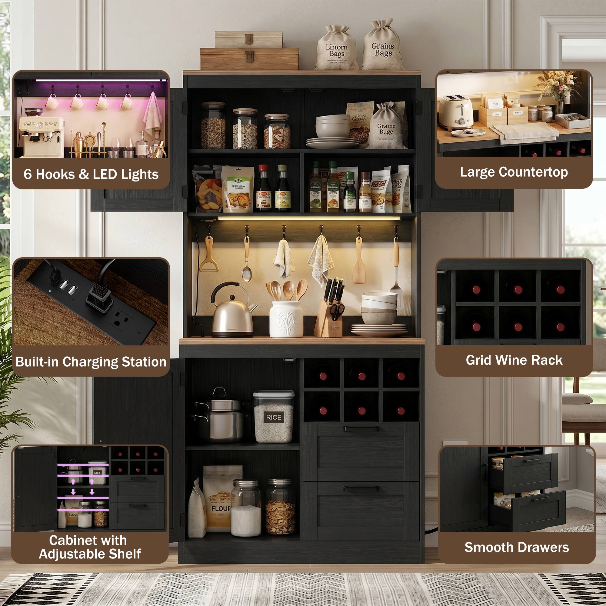 Linom Bags Grains Bags 00 o Graine n Buge - 6 Hooks & LED Lights FI Large Countertop Built-in Charging Station Grid Wine Rack RICE - I - O. FLOUR Cabinet with Adjustable Shelf Smooth Drawers
