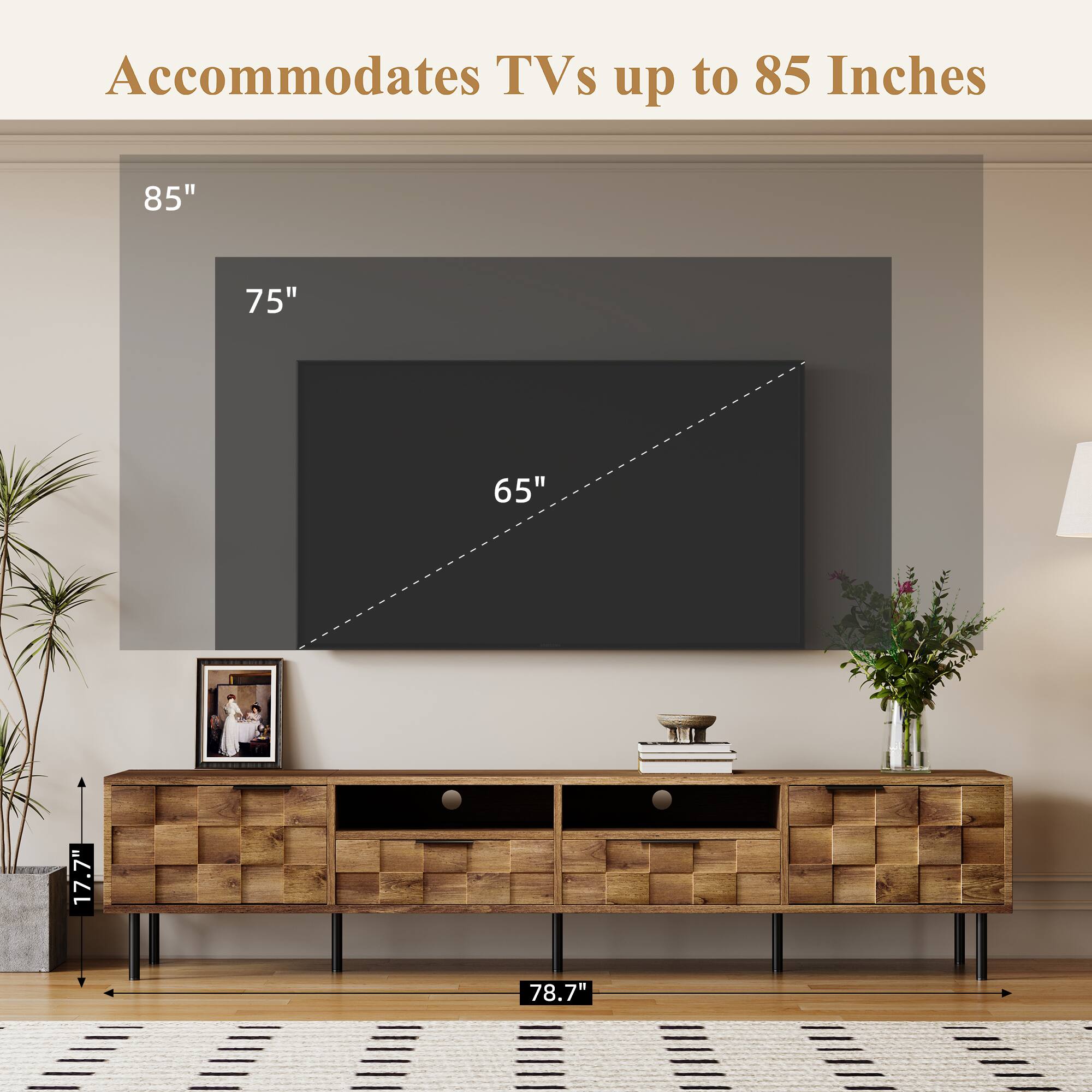 Accommodates TVs up to 85 Inches

85"  
75"  
65"  
17.7"  
78.7"