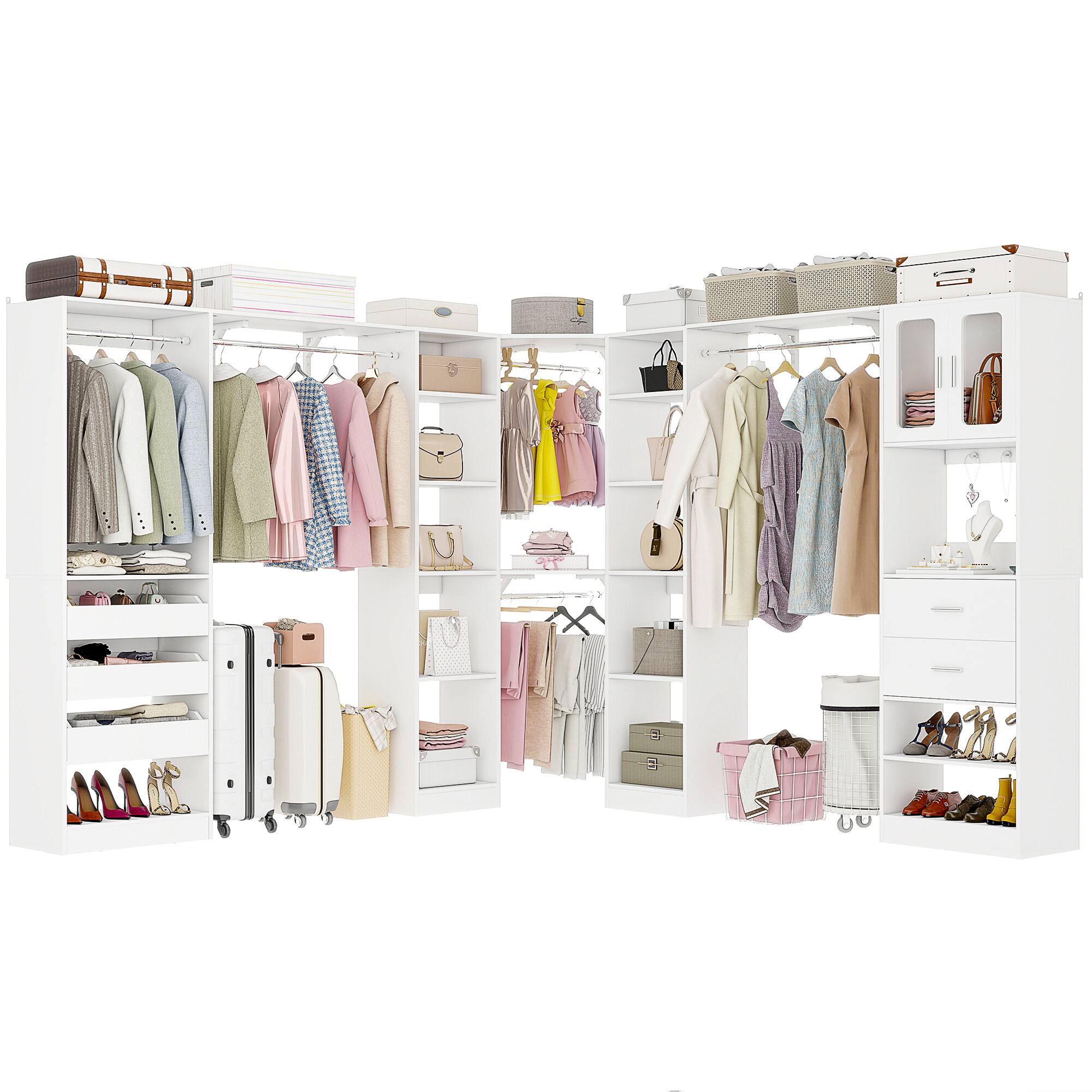 Angle. Aheaplus - 100'' Large Walk-in Closet Organizer System with Drawers, Hanging Rods and 20 Shelves for Storage, 3 Sets - White.