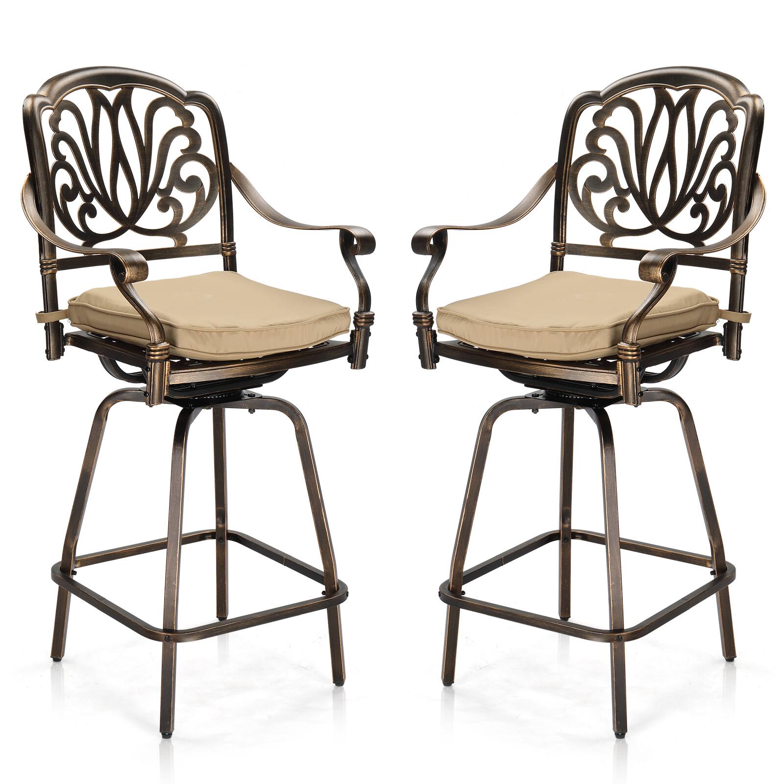 Angle. SlickBlue - Outdoor Aluminum Bar Stools with 360° Swivel, Weatherproof Design, Set of 2 for Patio, Deck, or Poolside - Bronze.