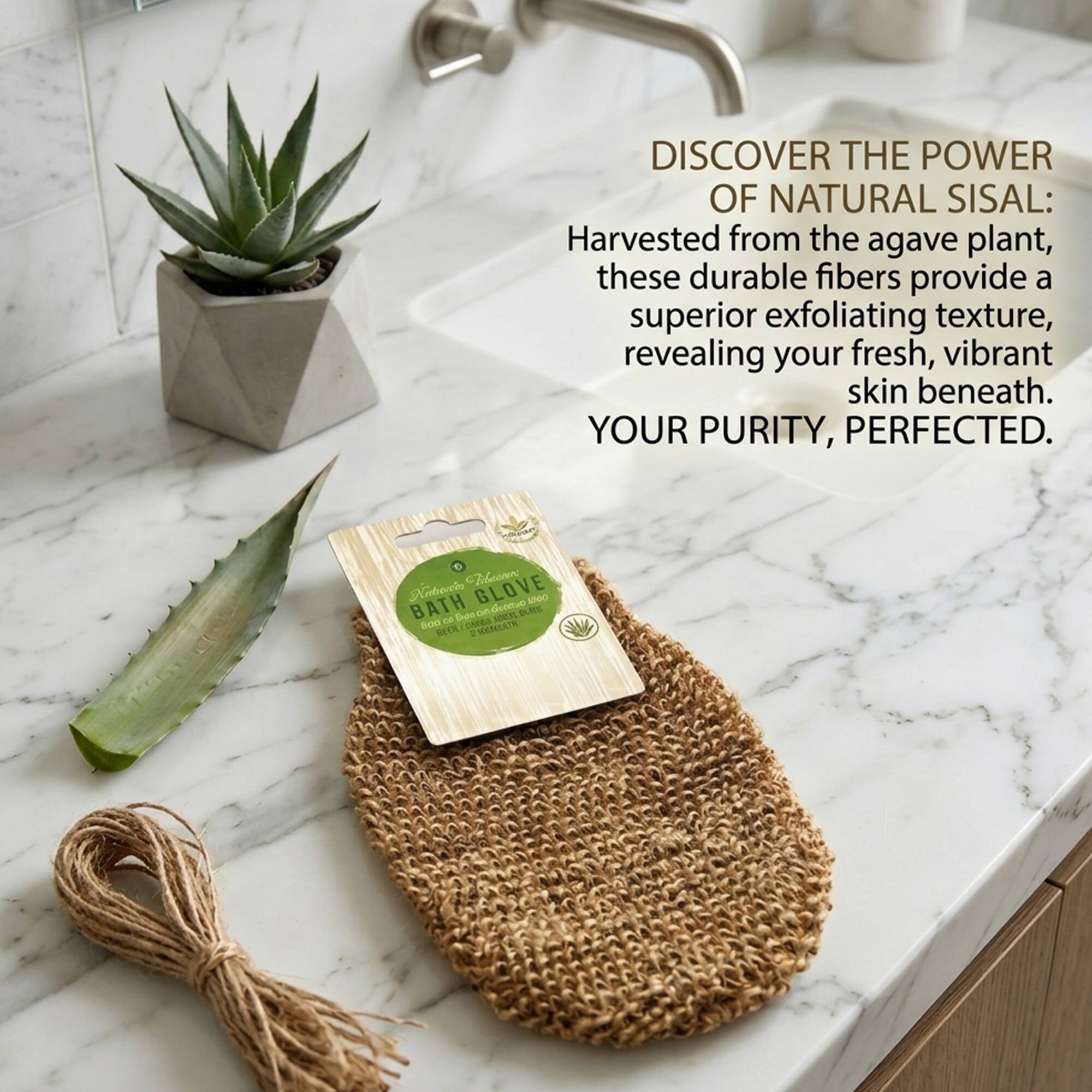 DISCOVER THE POWER OF NATURAL SISAL: Harvested from the agave plant, these durable fibers provide a superior exfoliating texture, revealing your fresh, vibrant skin beneath. YOUR PURITY, PERFECTED.