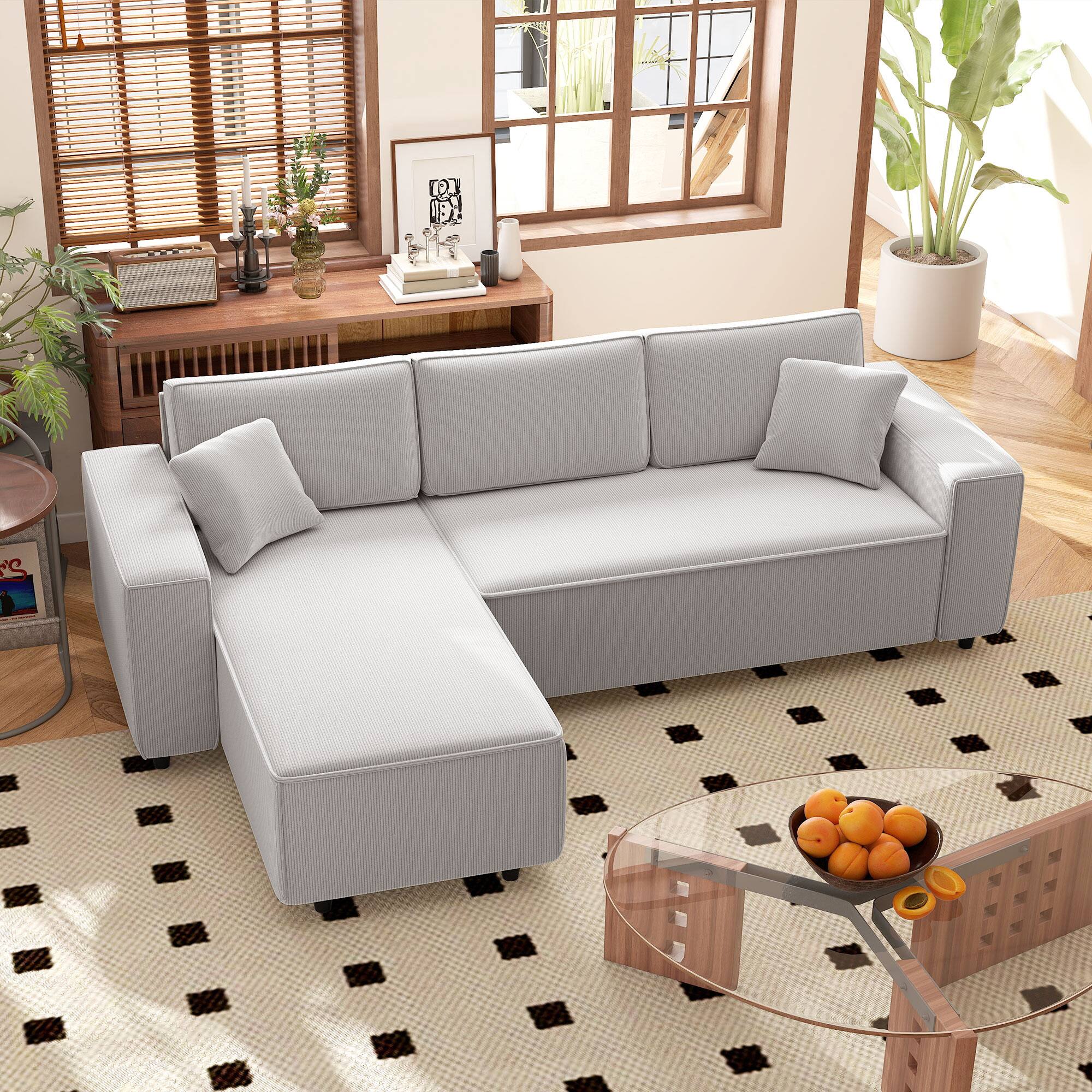 Alt View 2. Homcom - Sectional Sofa with Reversible Chaise Lounge, 95" L-Shaped Corner Sofa, 2 Pillows, 3 Seat Couch for Living Room - Light Grey.