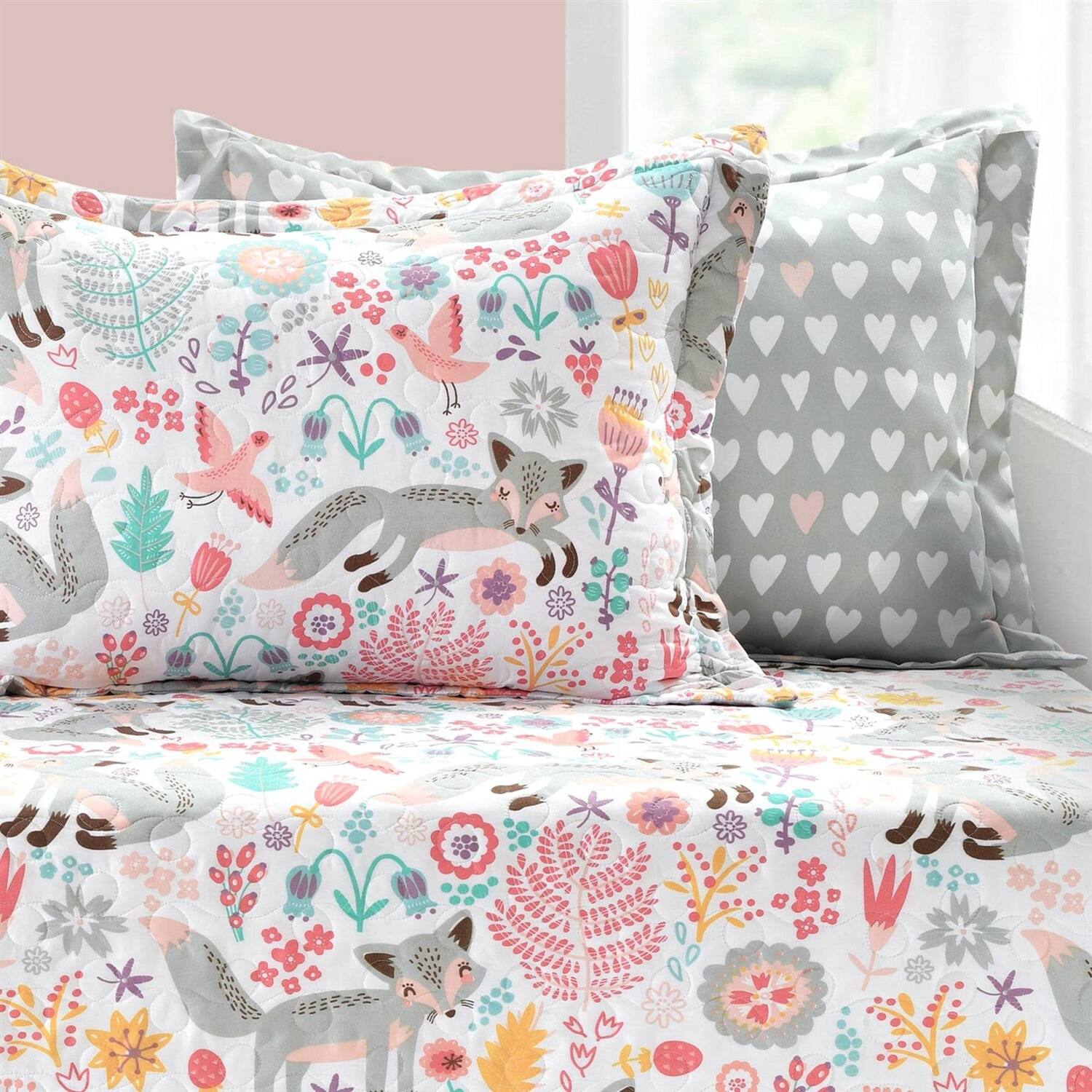 Angle. Hivvago - Pink Teal Orange Grey 6 Piece Floral Foxes Daybed Cover Bedding Set - Pink Teal Orange Grey.