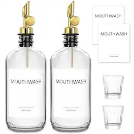 Dapper Styles - Mouthwash Dispenser For Bathroom Glass Mouth Wash Container With Cup 17 Fl Oz Decanter Bottle Set Refillabl - Clear-2 Pack