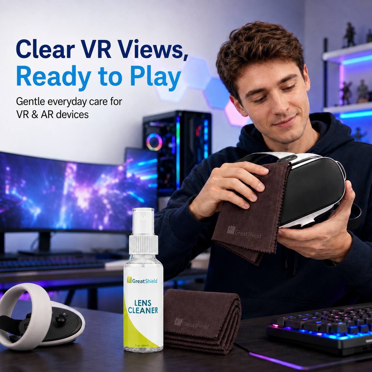 Clear VR Views, Ready to Play  
Gentle everyday care for VR & AR devices  
GreatShield LENS CLEANER  
GreatShield
