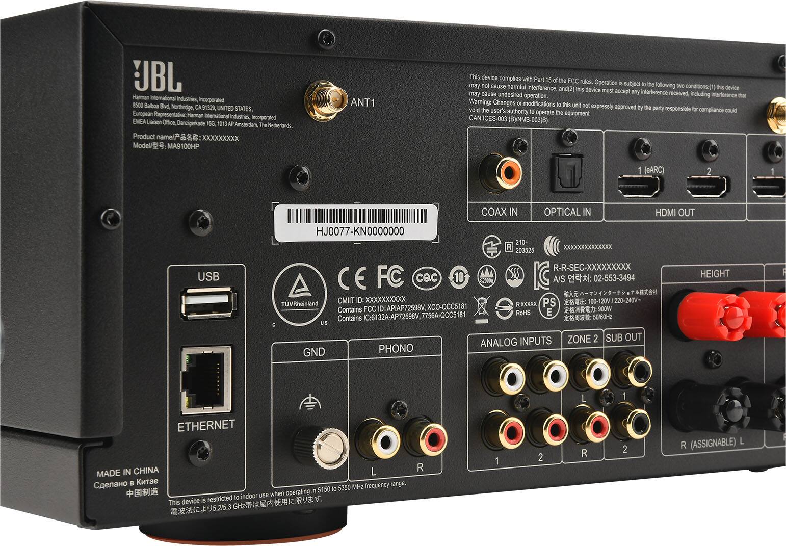 JBL Harman International Industries, Incorporated 8500 Balboa Blvd, Northridge, CA 91329 United States. European Representative: Haman International Industries, Incorporated EMEA Liaison Office, Danzigerkade 15G 1013 AP Amsterdam, The Netherlands. Product name: MA9100HP ANT1. This device complies with Part 15 of the FCC rules. Operation is subject to the following two conditions: (1) this device must not cause harmful interference, and (2) this device must accept any interference received, including interference that may cause undesired operation. Warning: Changes or modifications to this unit not expressly approved by the party responsible for the user's authority to operate the equipment could void the user's authority to operate the equipment. Contains FCC ID: DAPIAP72598V, XCO-QCC5181. Contains IC: 6132A-AP72598V, 7756A-QCC5181.