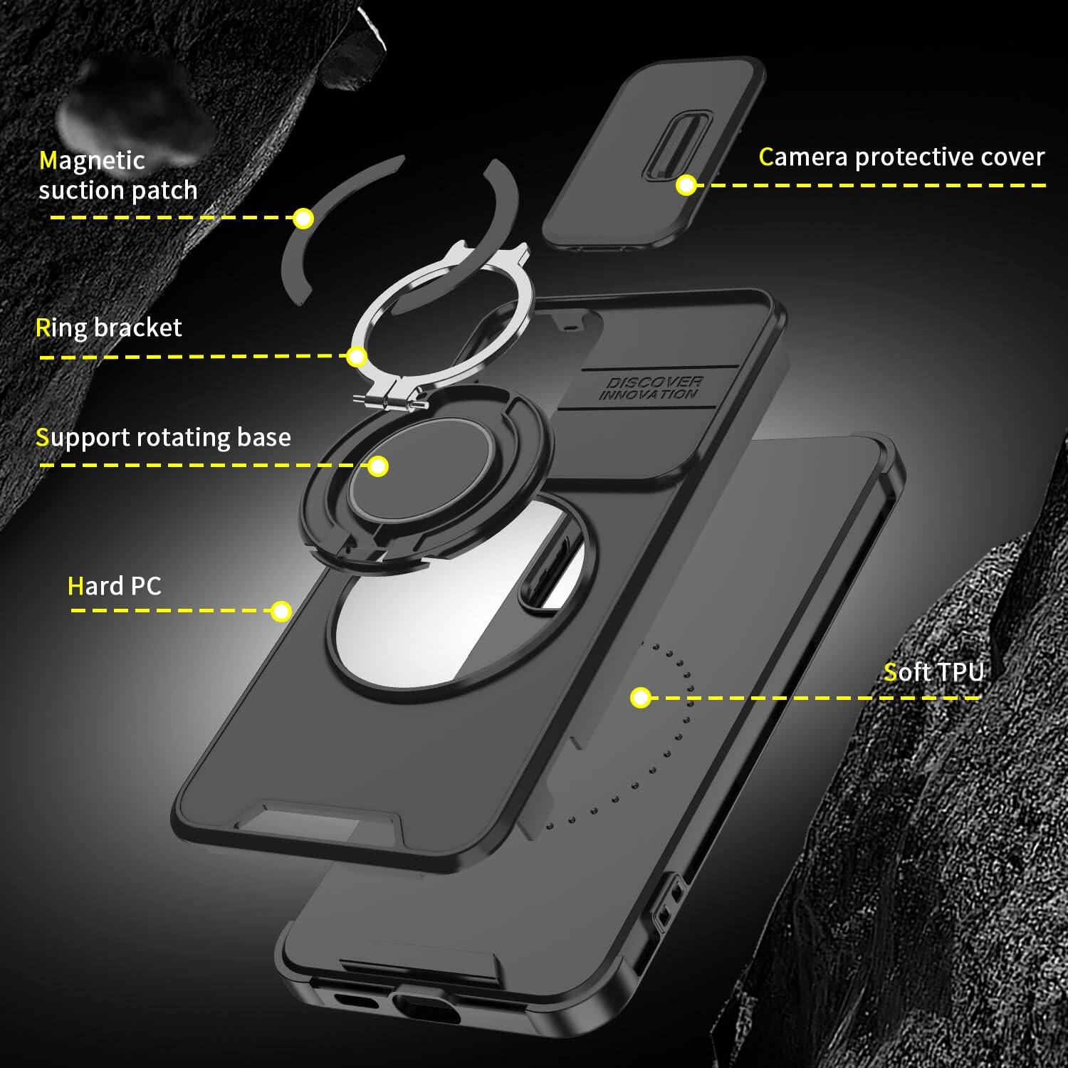 Magnetic suction patch  
Camera protective cover  
Ring bracket  
DISCOVER INNOVATION  
Support rotating base  
Hard PC  
Soft TPU