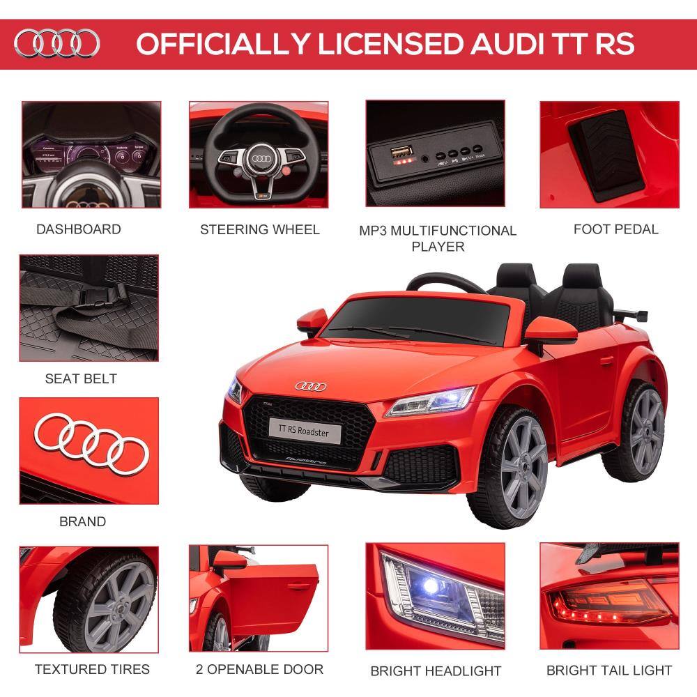 OFFICIALLY LICENSED AUDI TT RS

- DASHBOARD
- STEERING WHEEL
- MP3 MULTIFUNCTIONAL PLAYER
- FOOT PEDAL
- SEAT BELT
- BRAND
- TEXTURED TIRES
- 2 OPENABLE DOOR
- BRIGHT HEADLIGHT
- BRIGHT TAIL LIGHT