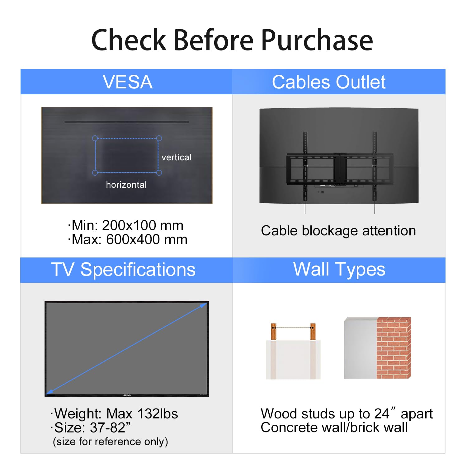 Check Before Purchase

VESCA  
- Min: 200x100 mm  
- Max: 600x400 mm  

Cables Outlet  
- Cable blockage attention  

TV Specifications  
- Weight: Max 132lbs  
- Size: 37-82" (size for reference only)  

Wall Types  
- Wood studs up to 24" apart  
- Concrete wall/brick wall