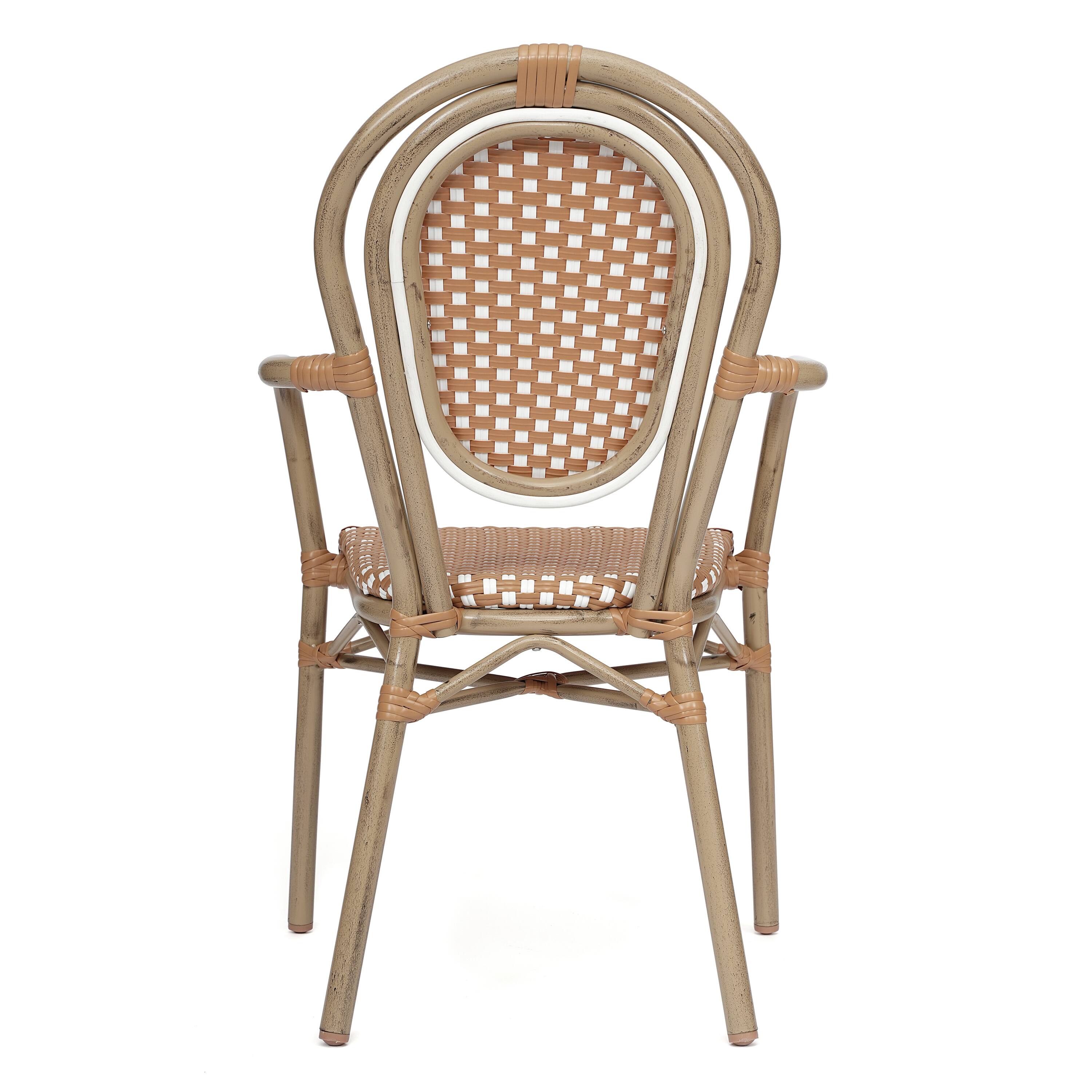 Alt View 7. Emma + Oliver - Colmar Set of Two Indoor/Outdoor Stacking Thonet Bistro Style Chairs with Arms, PE Rattan Seat and Metal Frame - Natural & White/Light Natural Frame.
