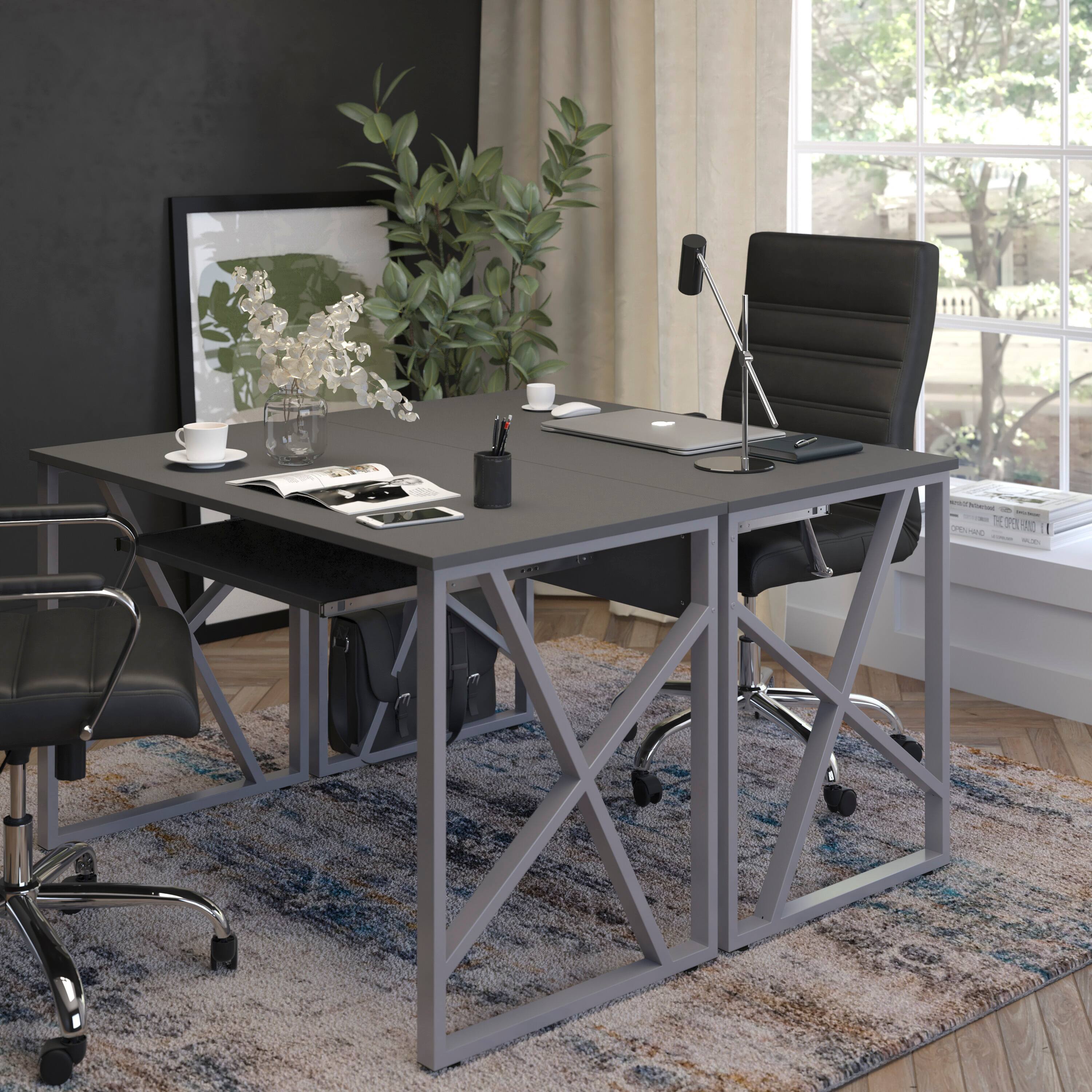 Alt View 2. Emma + Oliver - Computer Desk with Pull-Out Keyboard Tray and Cross-Brace Frame - Black.