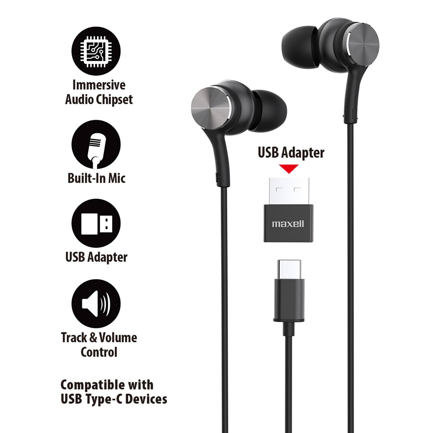 Immersive Audio Chipset  
Built-In Mic  
USB Adapter  
Track & Volume Control  
Compatible with USB Type-C Devices