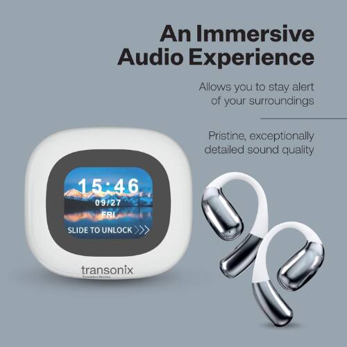 An Immersive Audio Experience  
Allows you to stay alert of your surroundings  

Pristine, exceptionally detailed sound quality  

15:46  
09/27 FRI  
SLIDE TO UNLOCK >>>  

transonix
