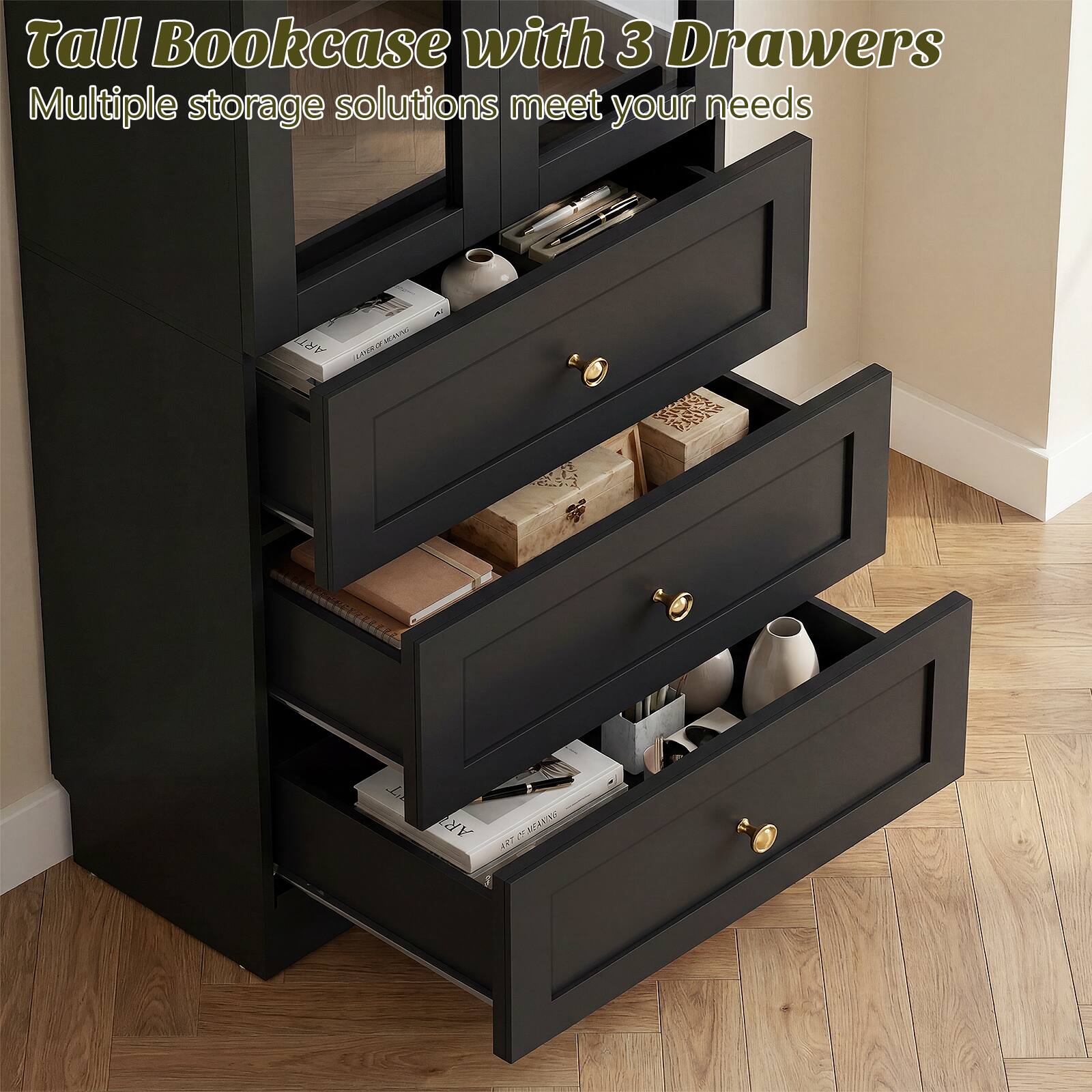 Tall Bookcase with 3 Drawers  
Multiple storage solutions meet your needs