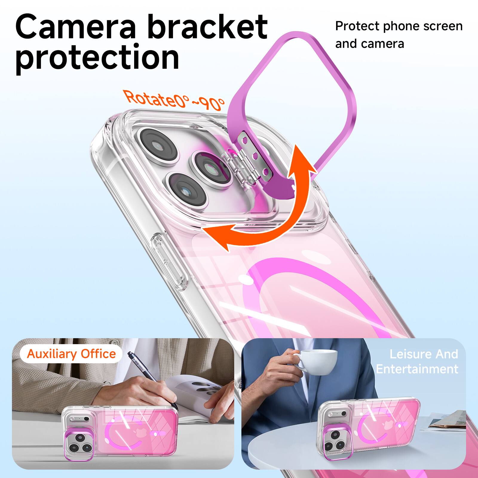 Camera bracket protection  
Rotate 0°~90°  
Protect phone screen and camera  
Auxiliary Office  
Leisure And Entertainment