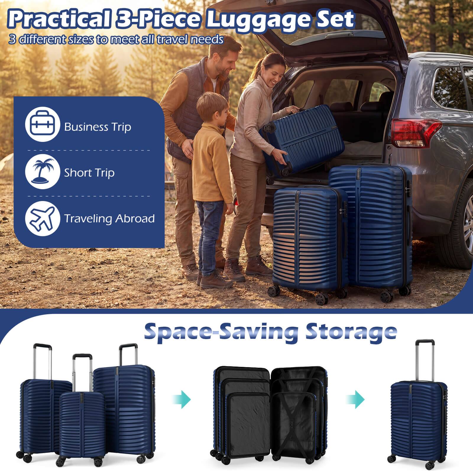 Practical 3-Piece Luggage Set  
3 different sizes to meet all travel needs  

- Business Trip  
- Short Trip  
- Traveling Abroad  

Space-Saving Storage