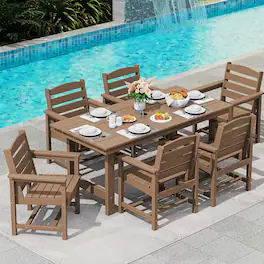 SERWALL - 7 Pcs Outdoor Dining Set, Outdoor Dining Furniture with Rectangular Table & 6 Chairs, All-Weather Resistant Dining Set - Brown
