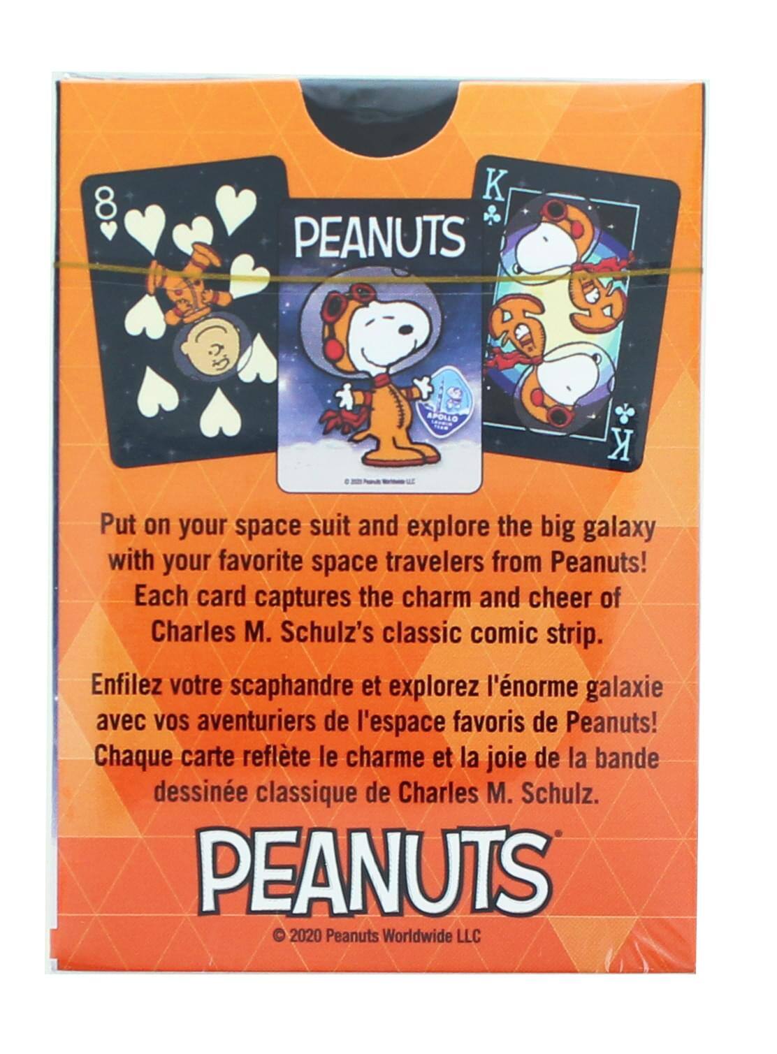 Sure, here is the corrected and grouped text from the image:

---

**PEANUTS**

Put on your space suit and explore the big galaxy with your favorite space travelers from Peanuts! Each card captures the charm and cheer of Charles M. Schulz's classic comic strip.

Enfilez votre scaphandre et explorez l'énorme galaxie avec vos aventuriers de l'espace favoris de Peanuts! Chaque carte reflète le charme et la joie de la bande dessinée classique de Charles M. Schulz.

© 2020 Peanuts Worldwide LLC

---