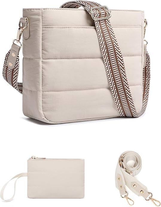 Front. Vulpecula Spade - Purses for Women 2PCS Puffer Quilted Crossbody Shoulder Hobo Bags Trendy Ladies Handbag - Beige.