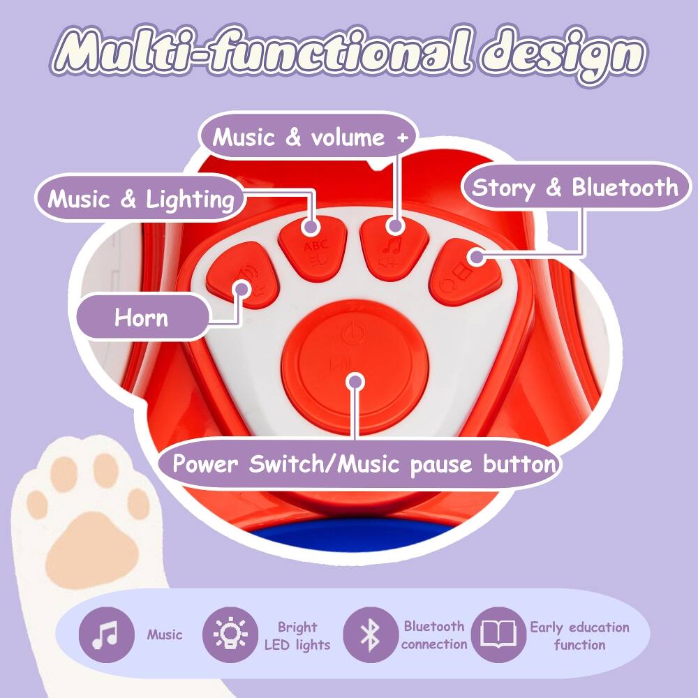 Multi-functional design

- Music & volume +
- Music & Lighting
- Story & Bluetooth
- Horn
- Power Switch/Music pause button
- Music
- Bright LED lights
- Bluetooth connection
- Early education function