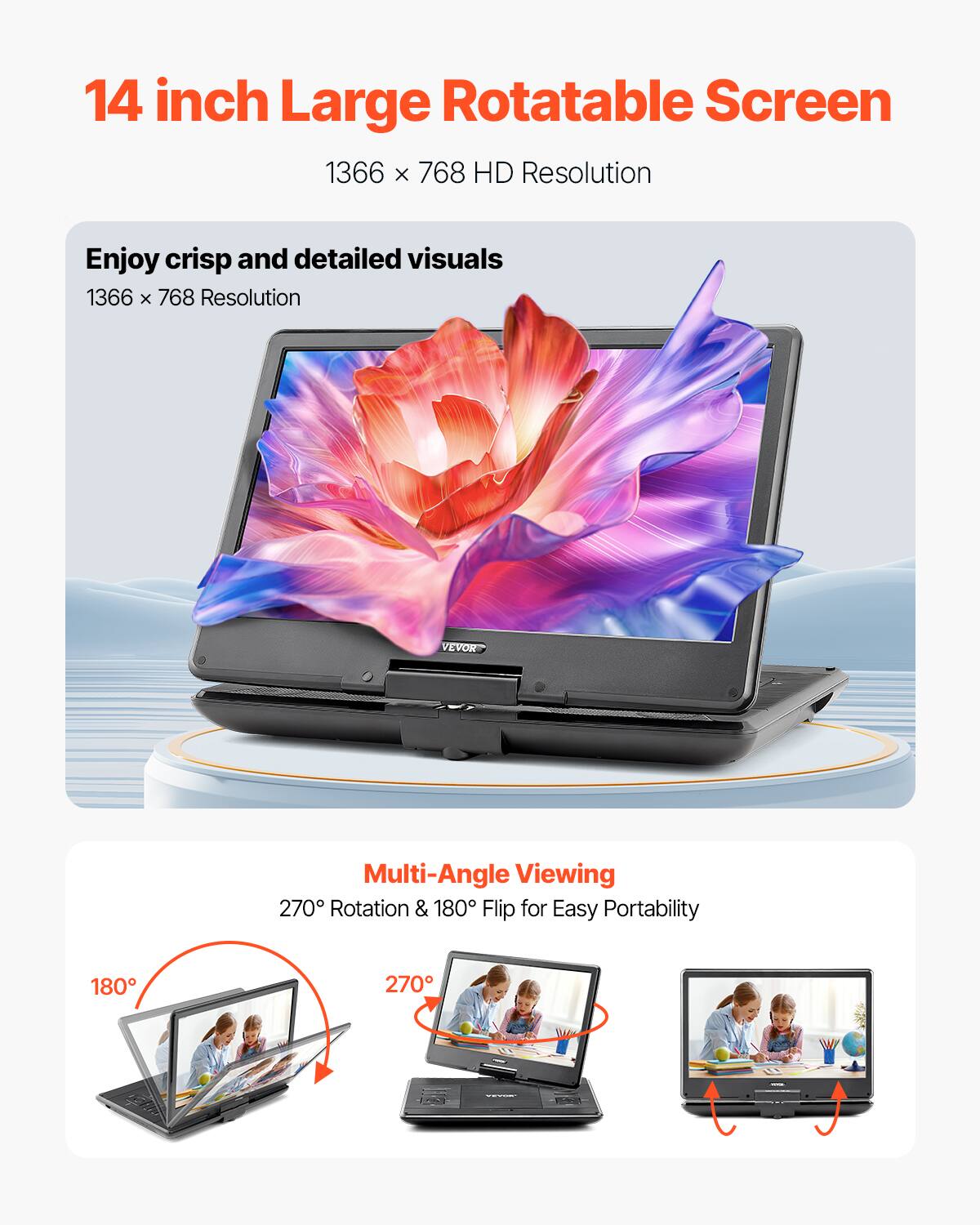 14 inch Large Rotatable Screen  
1366 x 768 HD Resolution  

Enjoy crisp and detailed visuals  
1366 x 768 Resolution  

Multi-Angle Viewing  
270° Rotation & 180° Flip for Easy Portability  

180°  
270°