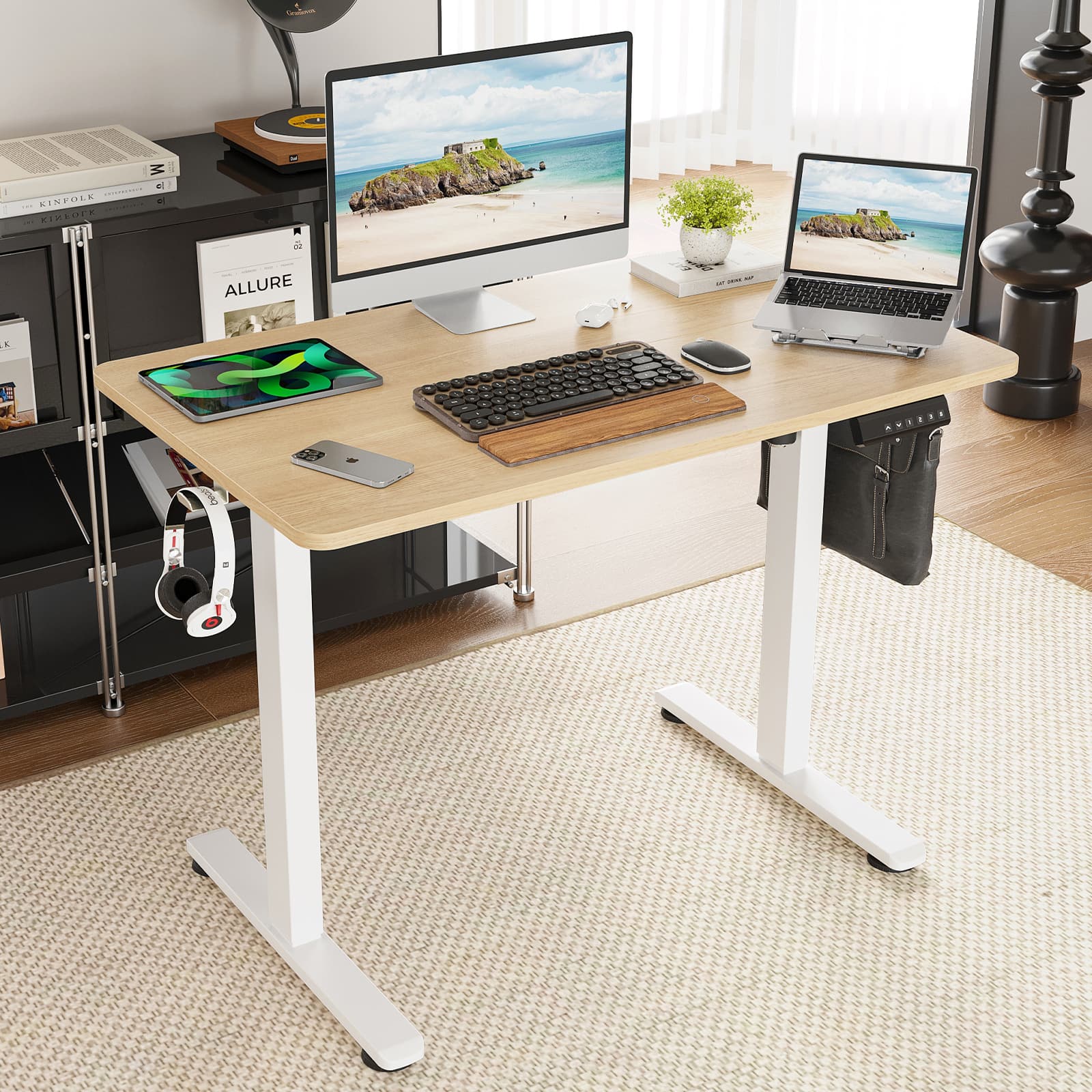 Aukfa - Original Electric Standing Desk Adjustable Height Sit Stand Home Office Desk with Splice Board - Natural