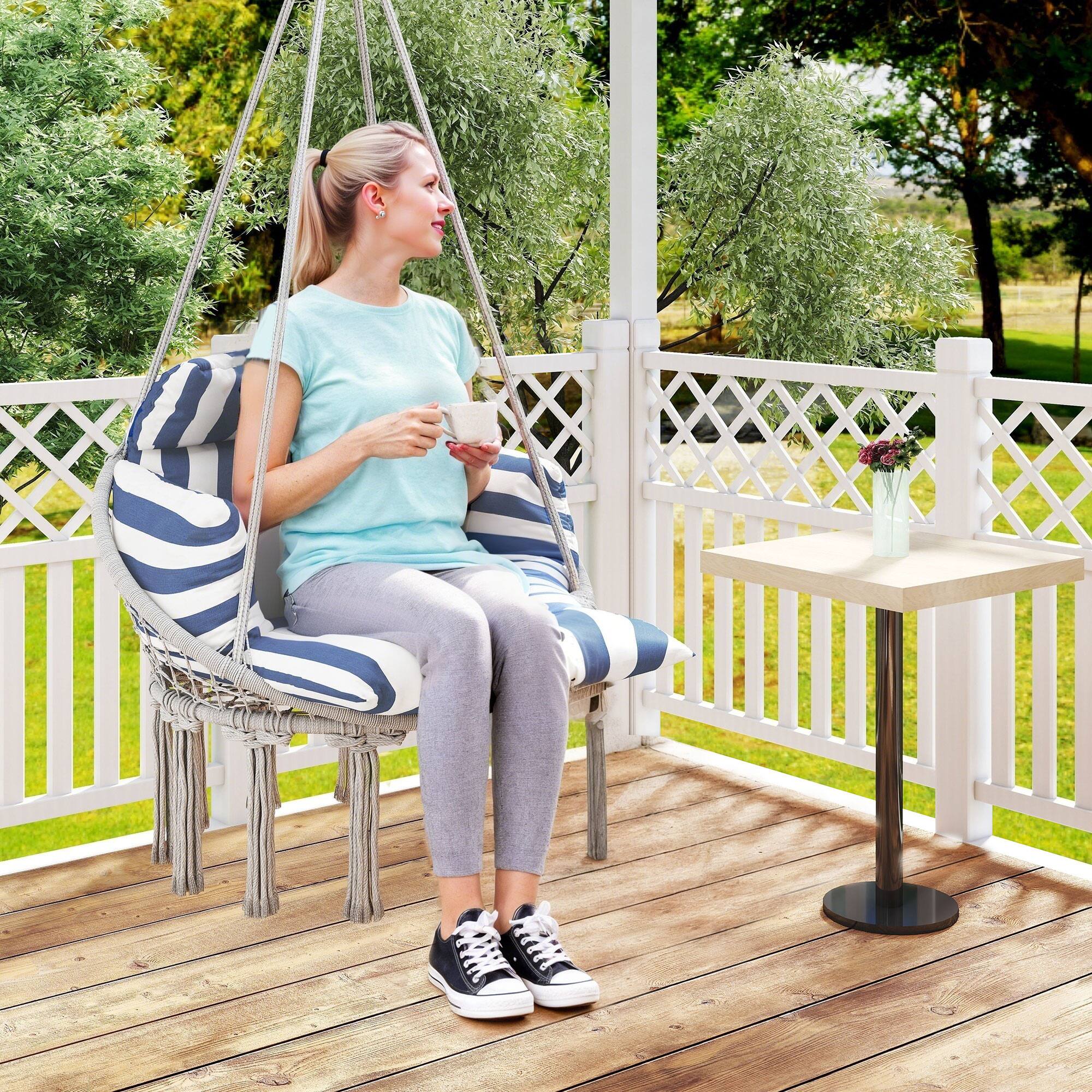 Alt View 1. Outsunny - Swing Chair, Macrame Hanging Chair with Large Cushion, Chain, Steel Frame for Indoor Outdoor Use - Blue and White.
