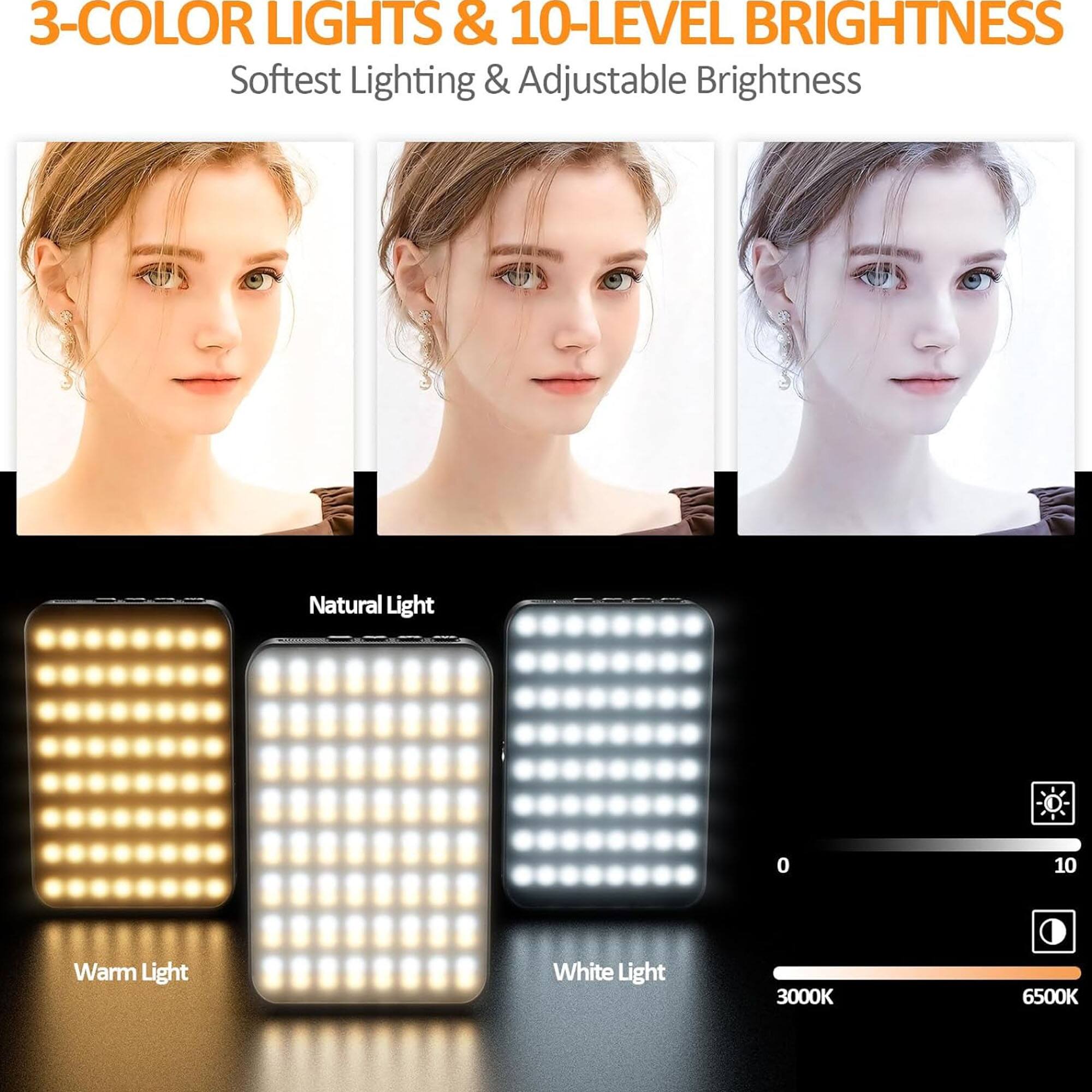 3-COLOR LIGHTS & 10-LEVEL BRIGHTNESS  
Softest Lighting & Adjustable Brightness  

Natural Light  
Warm Light  
White Light  

3000K  
6500K