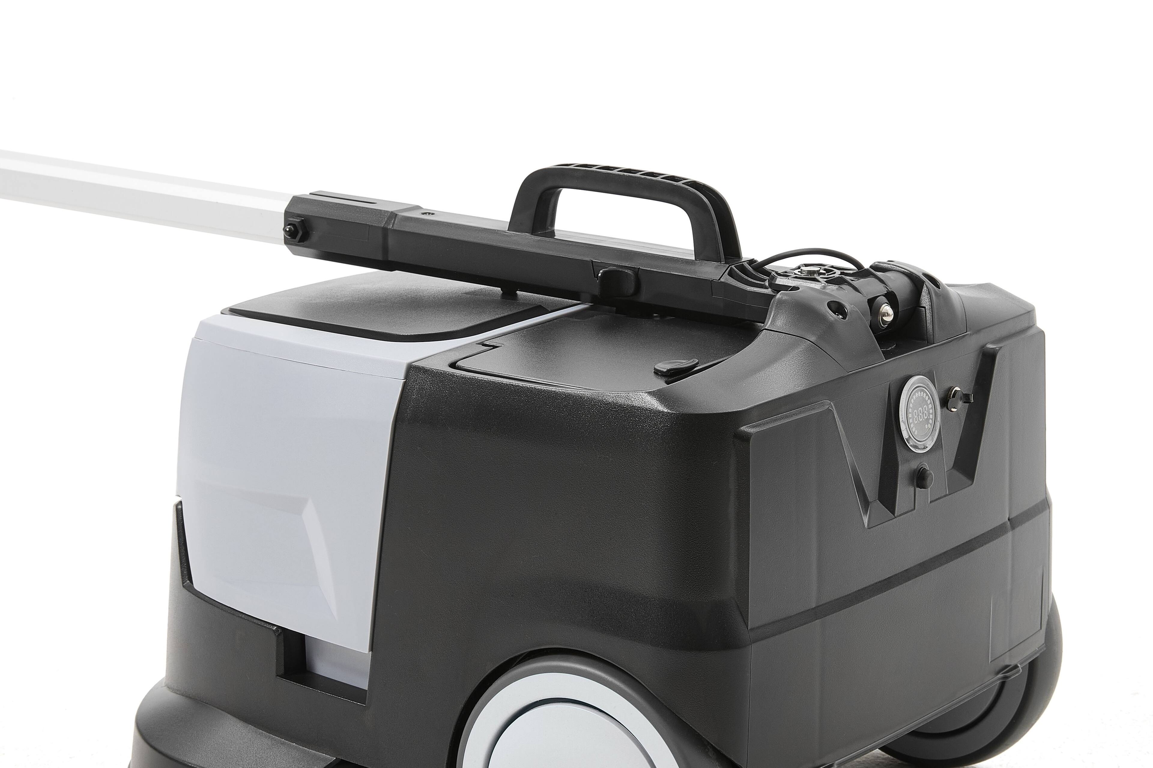 Left. Dapper Supply - Battery Powered Walk Behind Mini Automatic Floor Scrubber Compact Portable 15 Inch 90 Min Runtime 170 RPM Offices Retail - Grey.