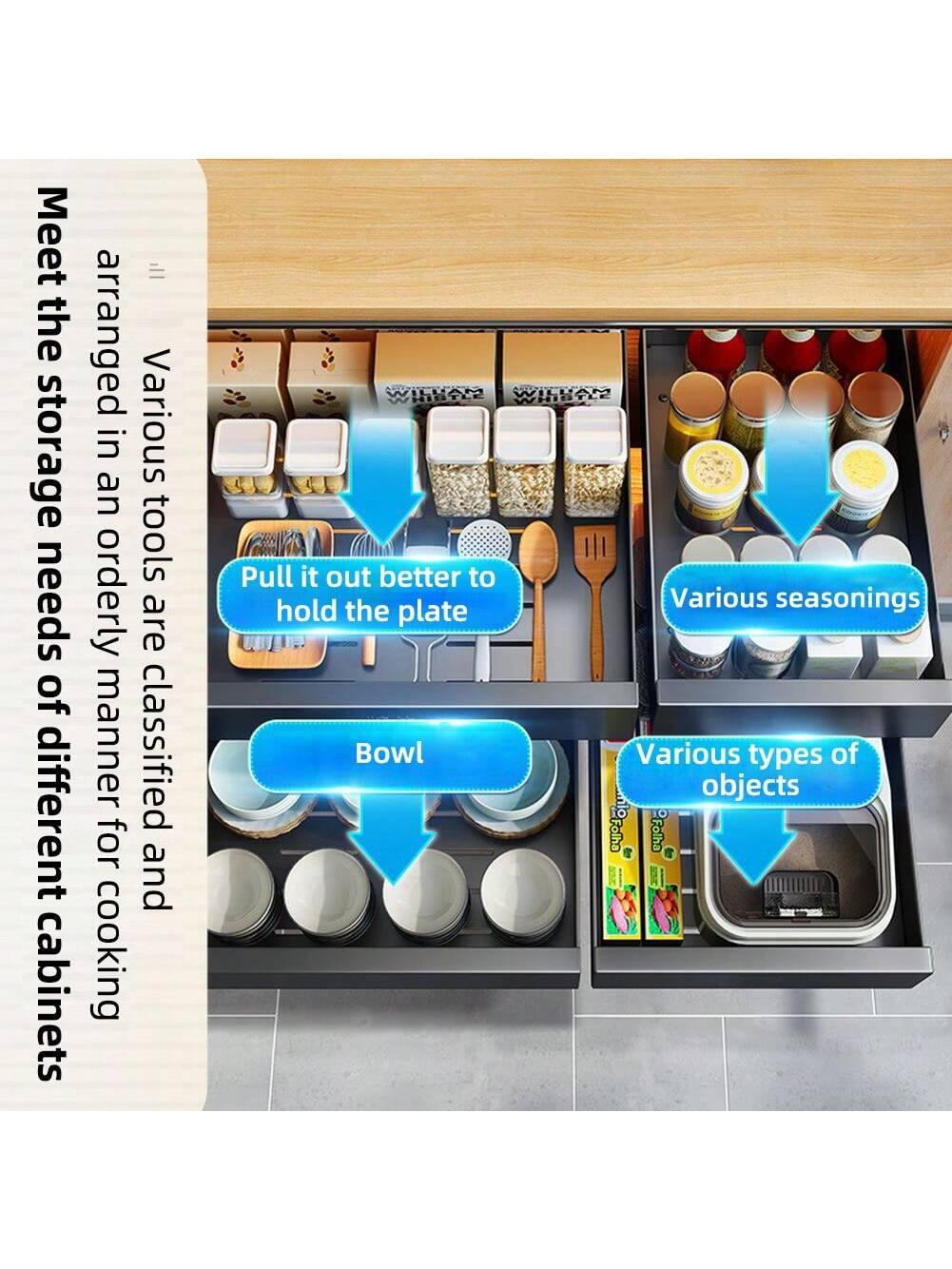 Meet the arranged storage in various tools needs orderly manner classified for different cooking cabinets.  
Pull it out better to hold the plate.  
Bowl  
Various seasonings  
Various types of objects