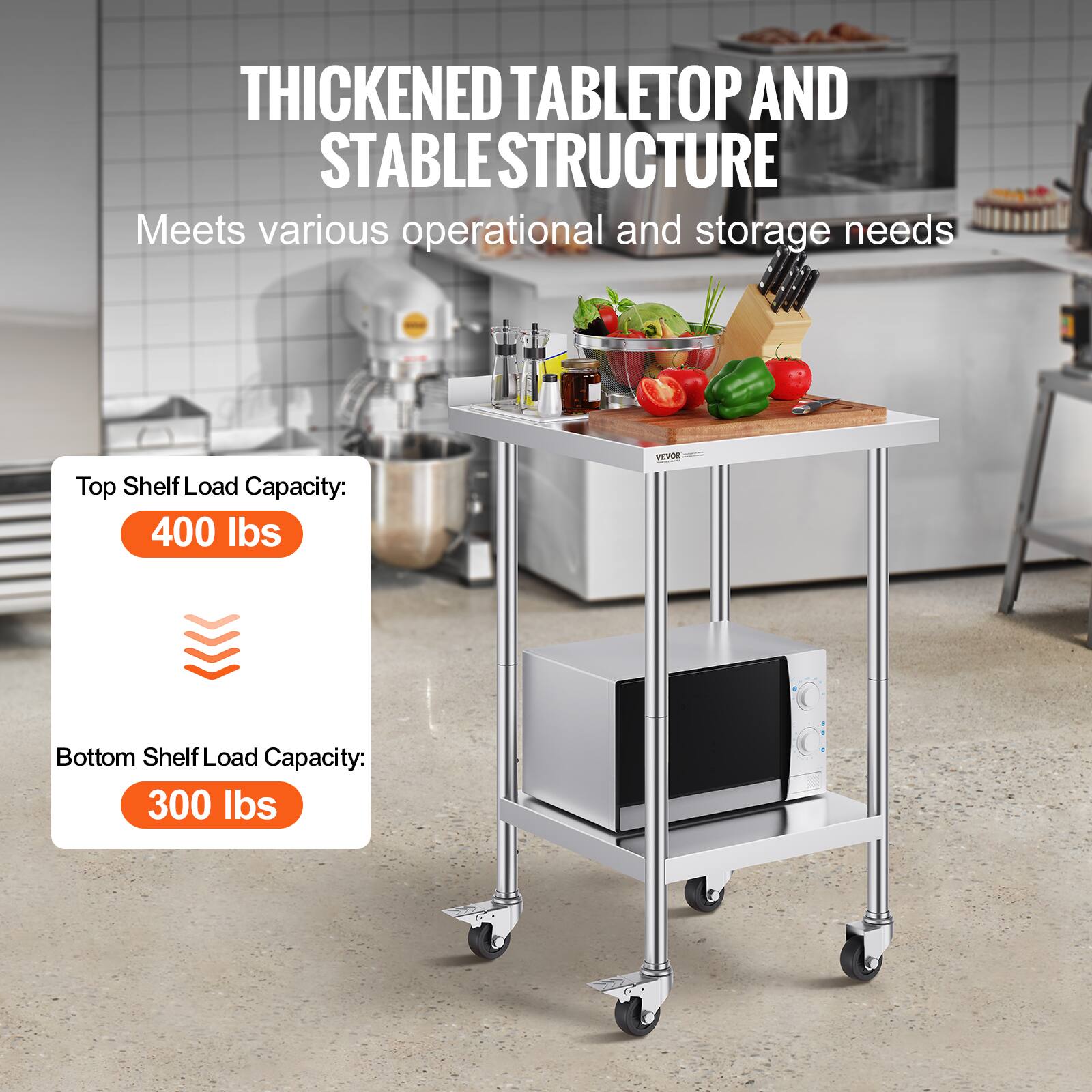 Thickened Tabletop and Stable Structure  
Meets various operational and storage needs  

Top Shelf Load Capacity: 400 lbs  
Bottom Shelf Load Capacity: 300 lbs