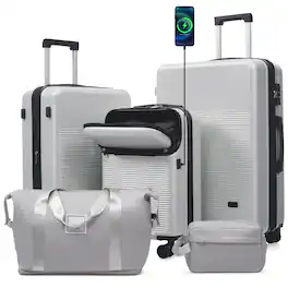 Ecooso - 5-Piece ABS Luggage Set with Half-Open 20" Carry-On, USB Port, Double Spinner Wheels, TSA Locks, Bags - Silver