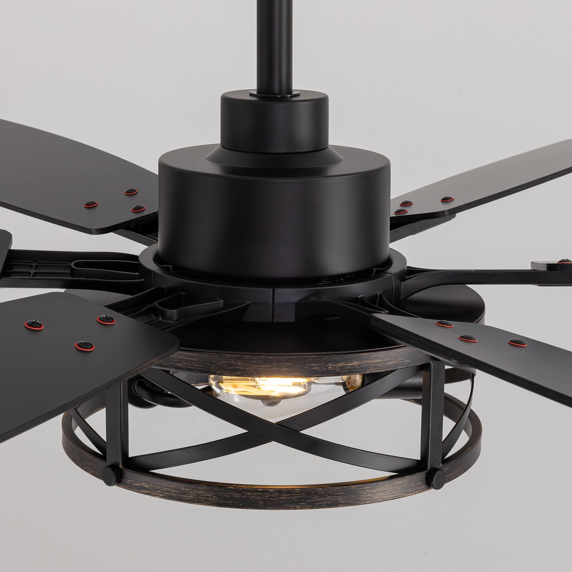 Alt View 6. Siljoy - 6-Blade Industrial Caged Ceiling Fan with Light - Multi-Speed, Reversible, Adjustable Downrod.