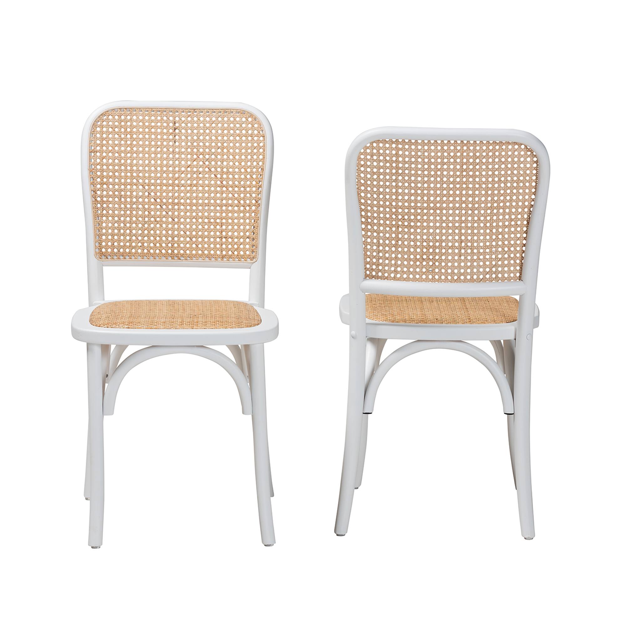 Angle. Baxton Studio - Neah Japandi Wood and Natural Rattan 2-Piece Dining Chair Set - White/Natural Brown.