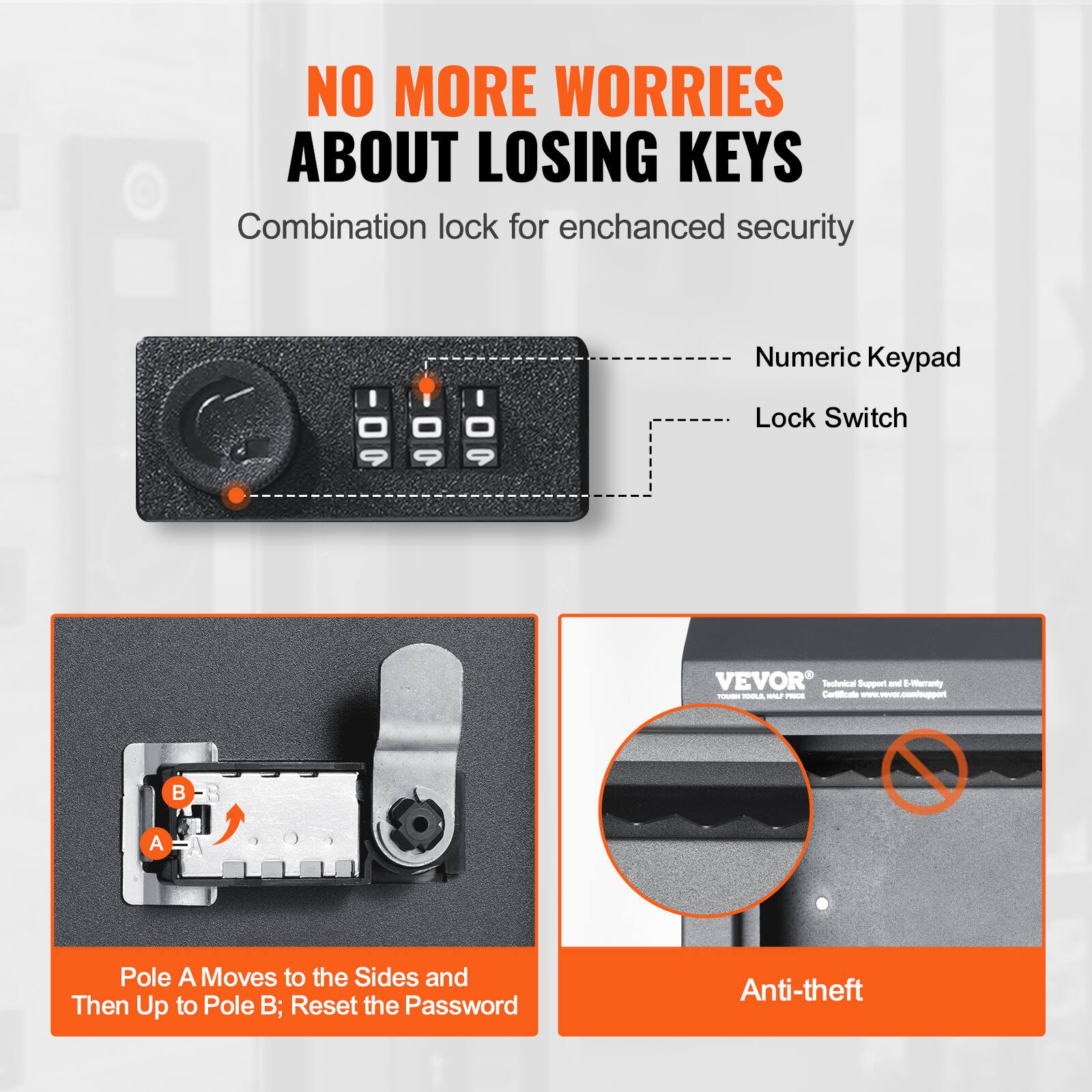 NO MORE WORRIES ABOUT LOSING KEYS

Combination lock for enhanced security

- Numeric Keypad
- Lock Switch

Pole A Moves to the Sides and Then Up to Pole B; Reset the Password

Anti-theft