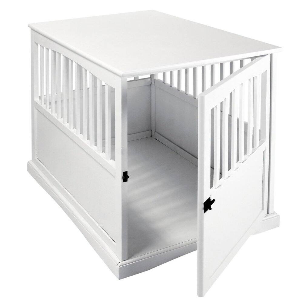 Alt View 2. FurniFact - White Dog Kennel Furniture with Gate, Solid Wood Dog Crate End Table - White.