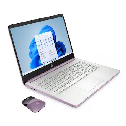 Front. HP - HP 14" HD Touchscreen Notebook Intel N150 4GB RAM 128GB SSD Winter Lavender + HP Wireless Mouse - Winter Lavender.