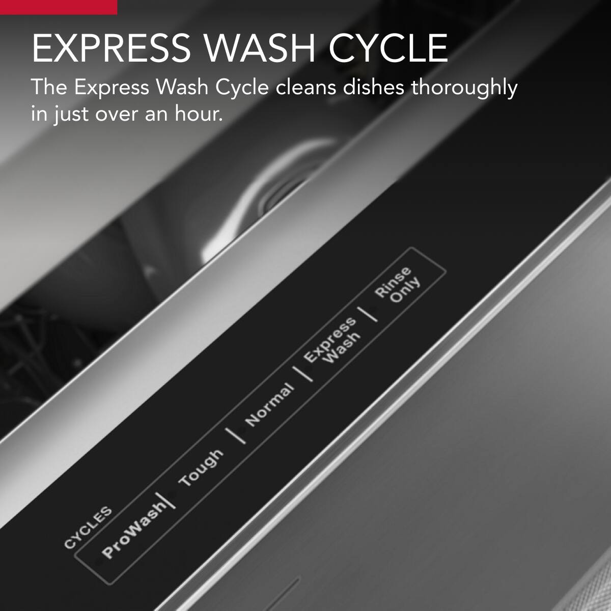 **EXPRESS WASH CYCLE**

The Express Wash Cycle cleans dishes thoroughly in just over an hour.

- Rinse Only
- Express Wash
- Normal
- Tough
- ProWash