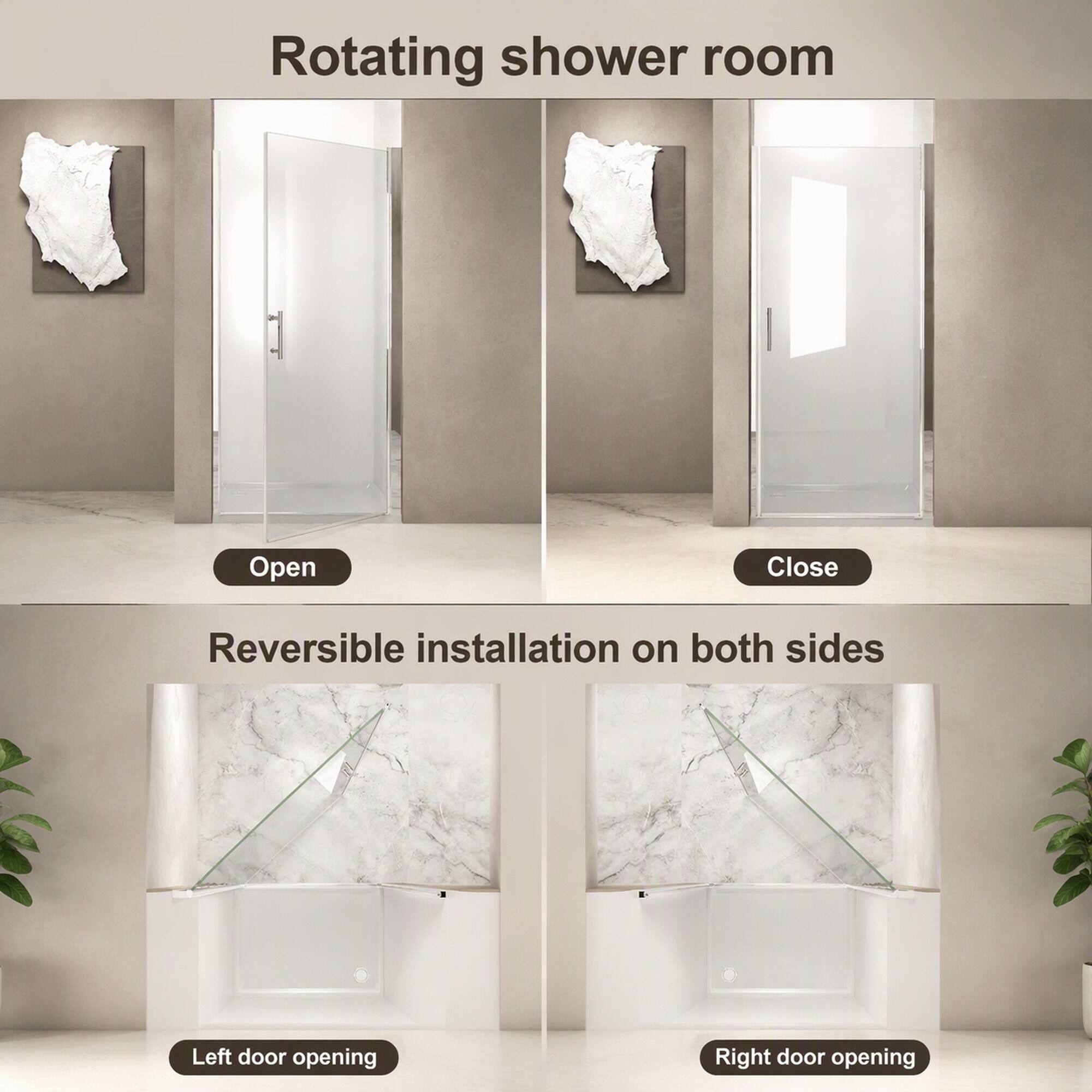 Rotating shower room

Open
Close

Reversible installation on both sides

Left door opening
Right door opening